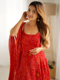 Stylish Red Bandhej Print Chiffon Festive Wear Anarkali Gown With Dupatta