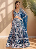 Stylish Teal Blue Floral Embroidery Net Engagement Wear Lehenga Choli