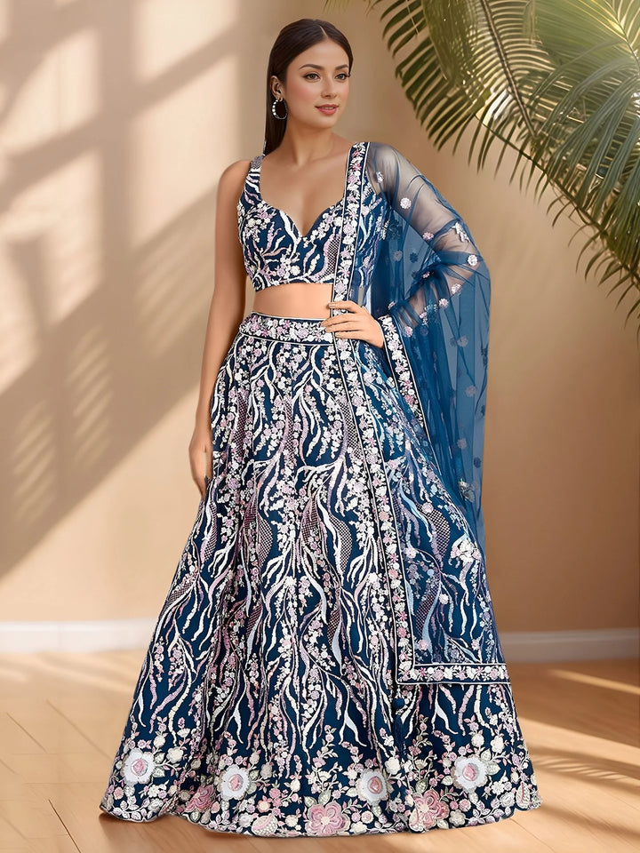 Stylish Teal Blue Floral Embroidery Net Engagement Wear Lehenga Choli