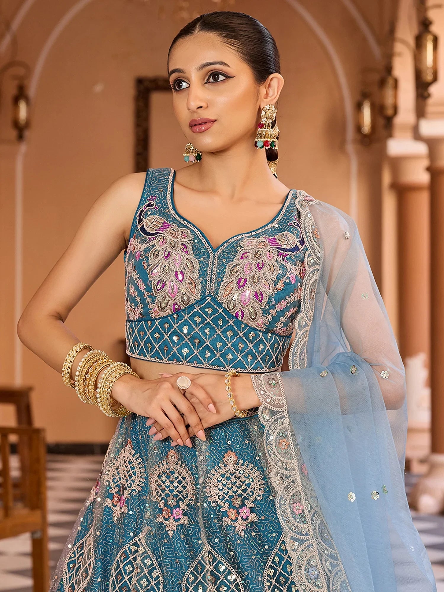 Stylish Teal Blue Sequins Net Event Wear Lehenga Choli With Dupatta