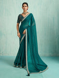 Stylish Teal Green Border Work Chiffon Designer Saree With Blouse