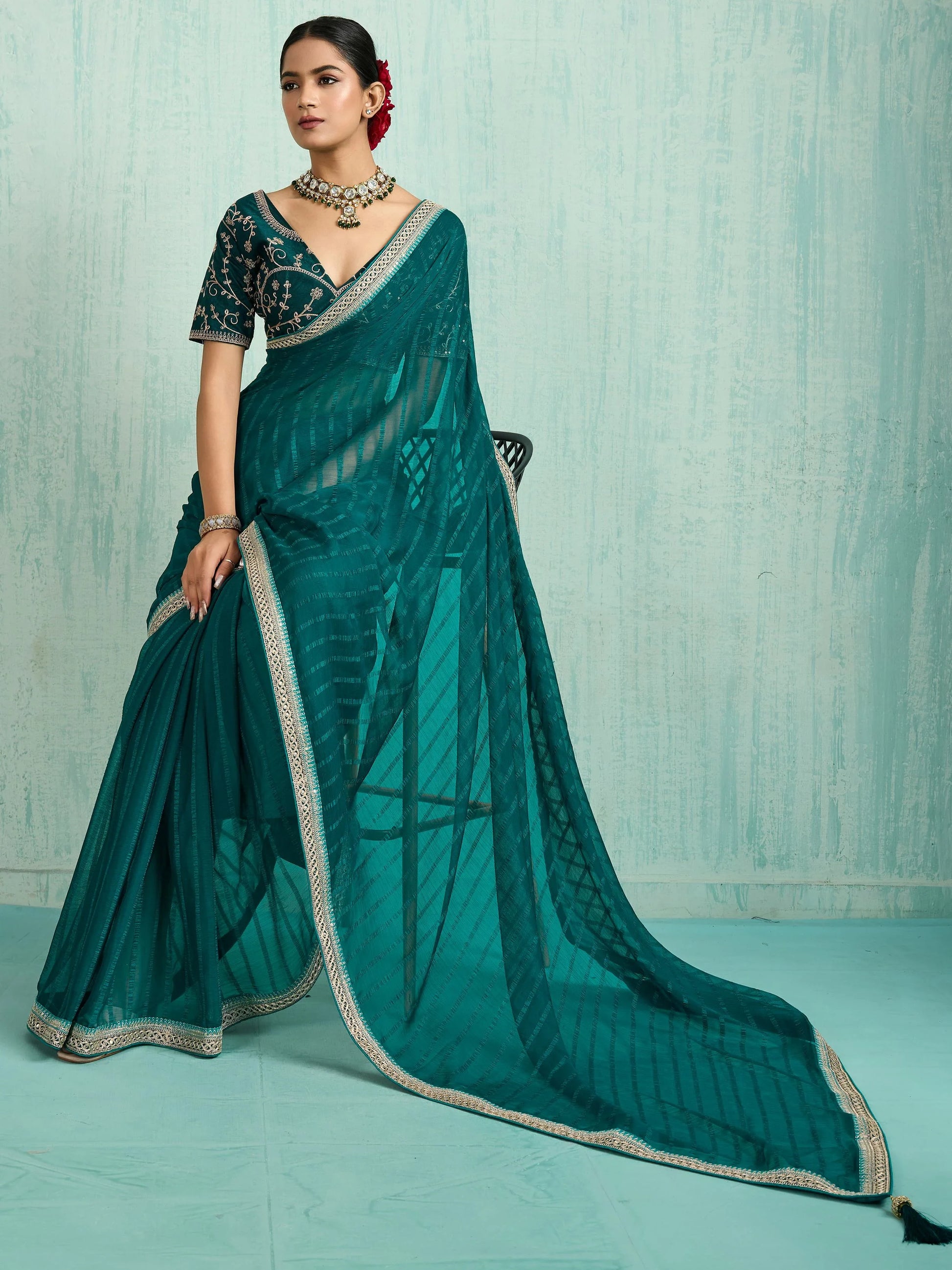 Stylish Teal Green Border Work Chiffon Designer Saree With Blouse