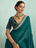 Stylish Teal Green Border Work Chiffon Designer Saree With Blouse