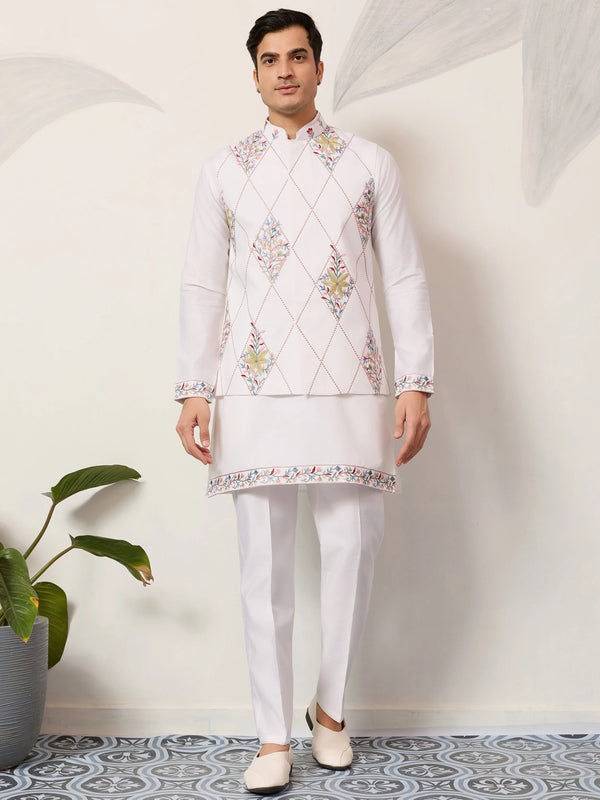 Stylish White Embroidered Viscose Silk Engagement Wear Men's Kurta Set With Jacket