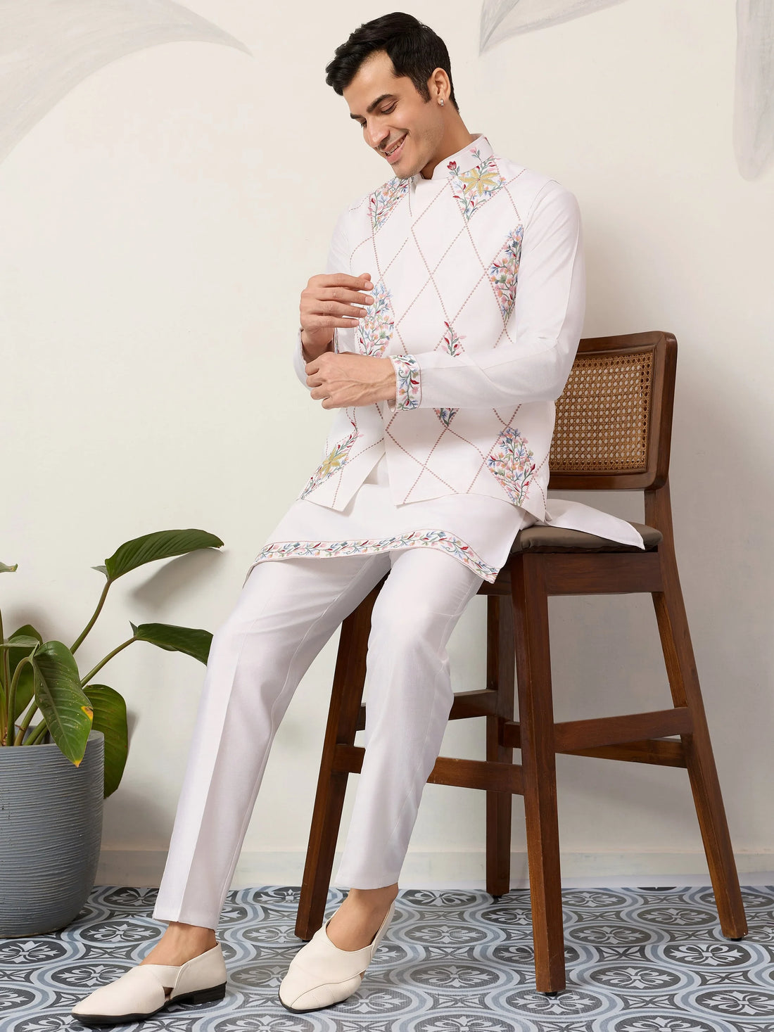 Stylish White Embroidered Viscose Silk Engagement Wear Men's Kurta Set With Jacket