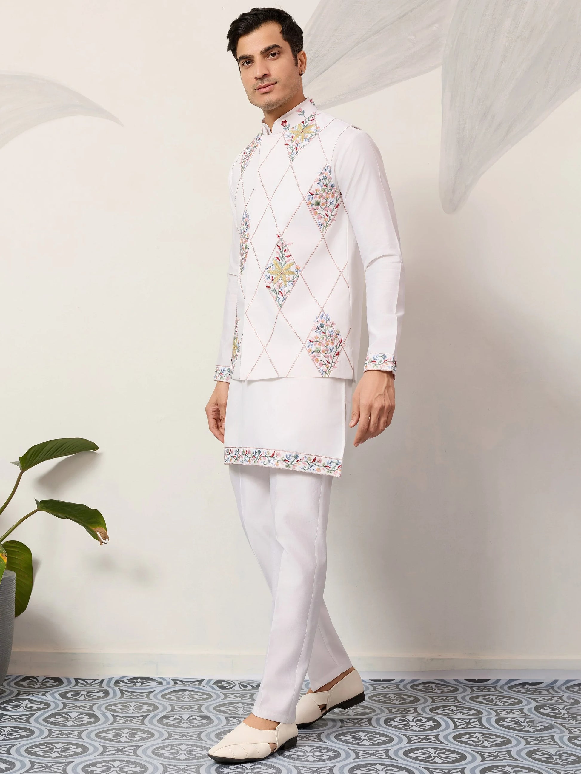 Stylish White Embroidered Viscose Silk Engagement Wear Men's Kurta Set With Jacket
