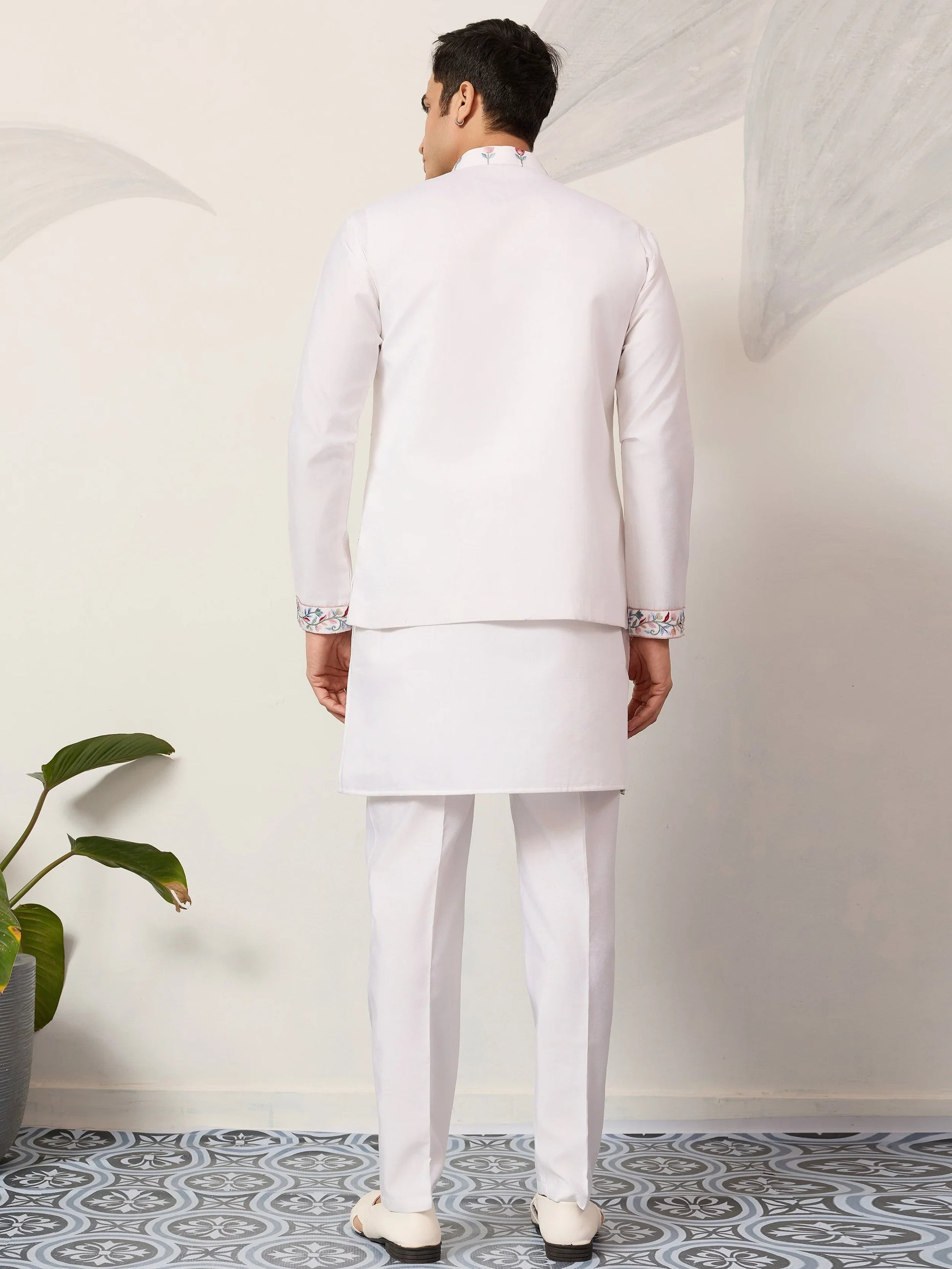 Stylish White Embroidered Viscose Silk Engagement Wear Men's Kurta Set With Jacket