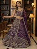 Stylish Wine Net Multi Thread Work Reception Wear Lehenga With Blouse