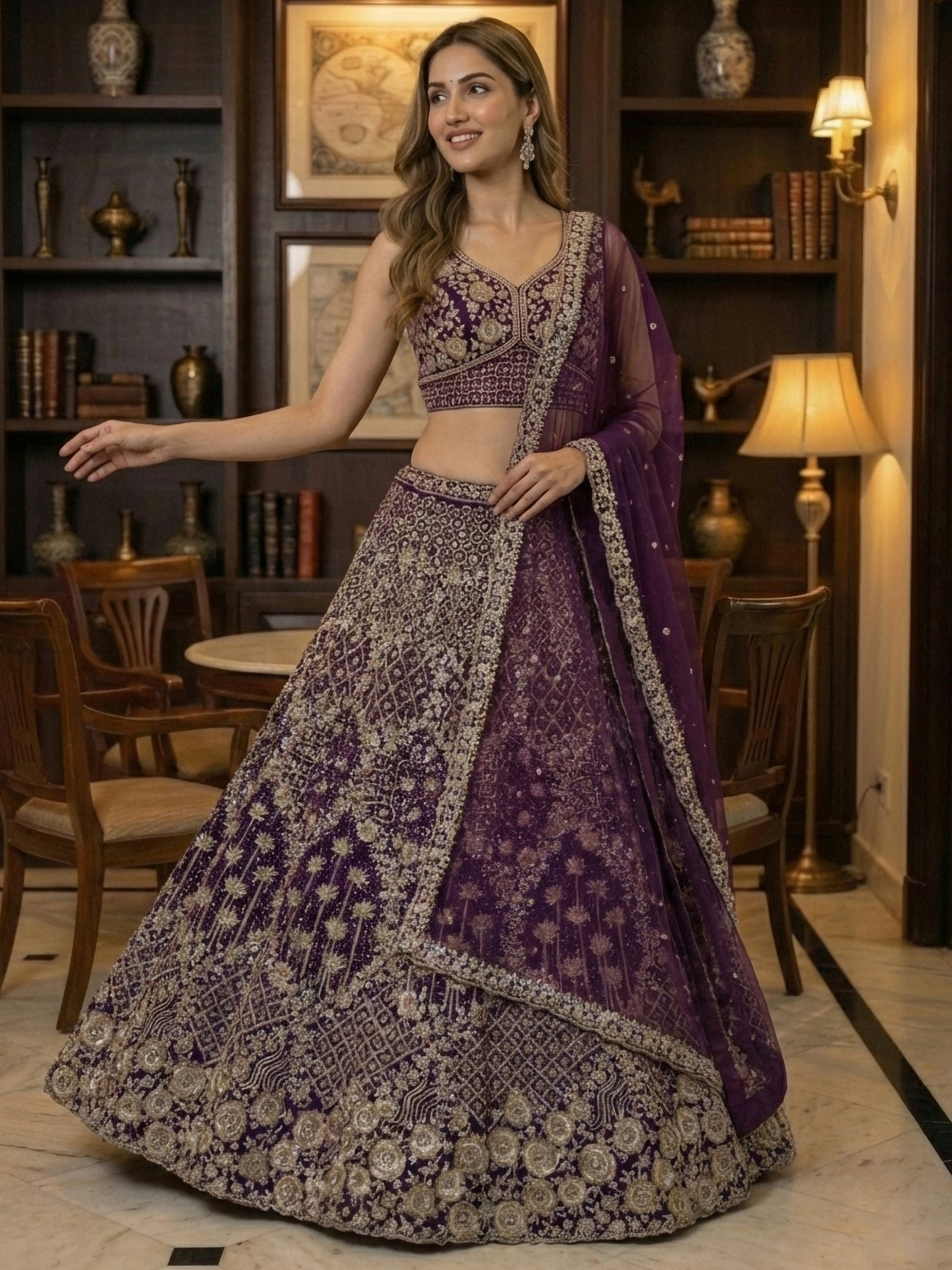 Stylish Wine Net Multi Thread Work Reception Wear Lehenga With Blouse