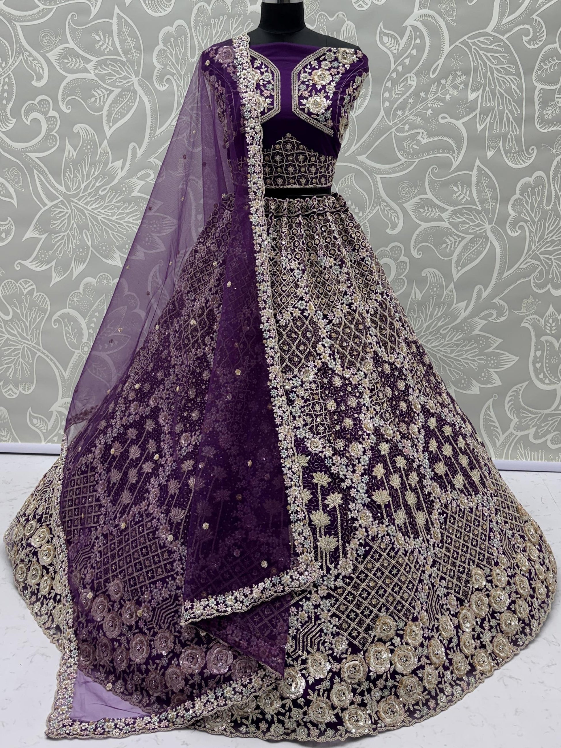 Stylish Wine Net Multi Thread Work Reception Wear Lehenga With Blouse