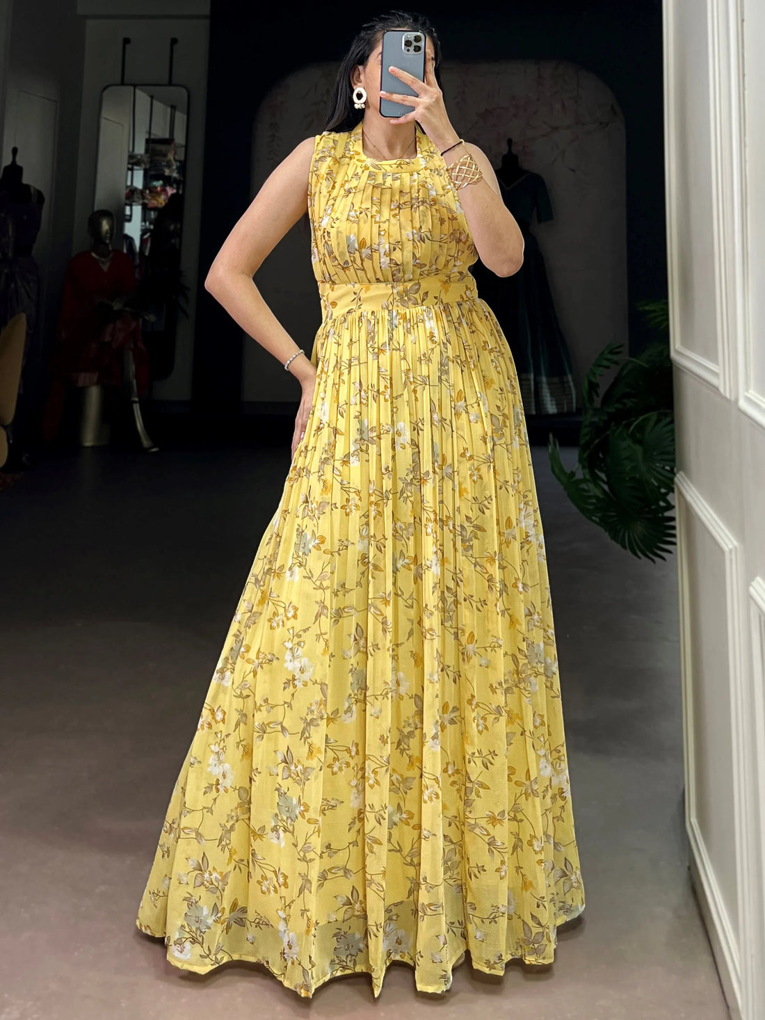 Stylish Yellow Floral Printed Georgette Casual Wear Dress