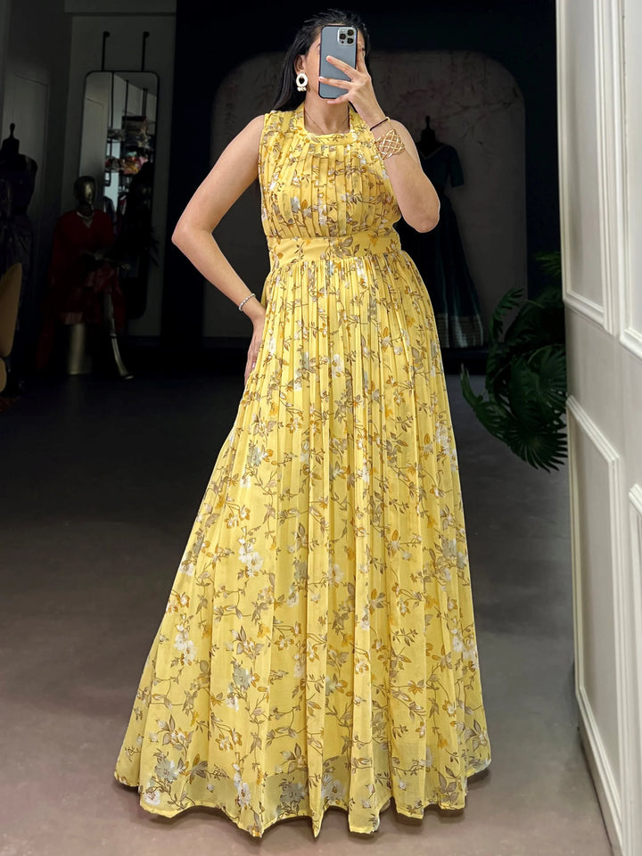 Stylish Yellow Floral Printed Georgette Casual Wear Dress