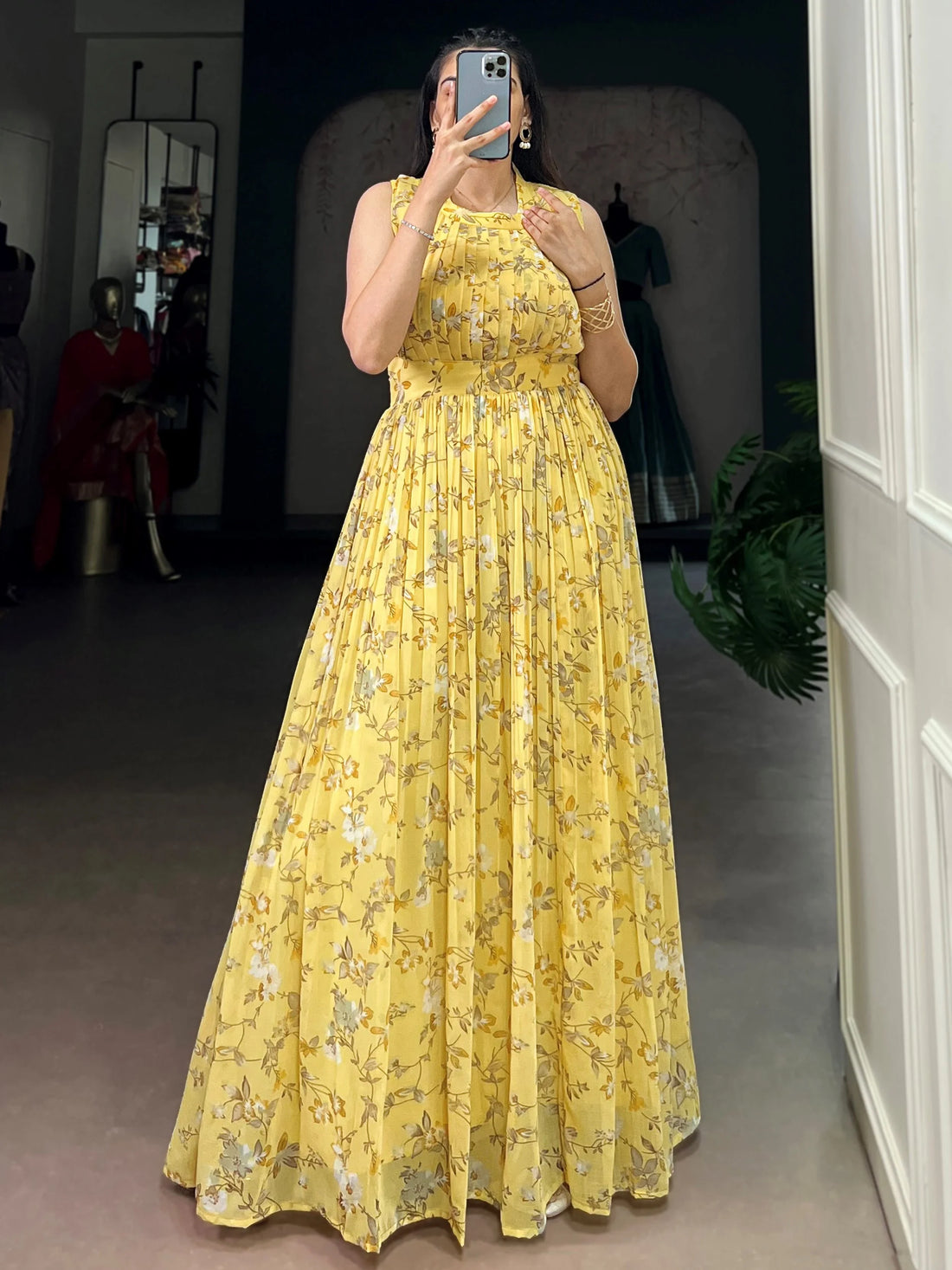 Stylish Yellow Floral Printed Georgette Casual Wear Dress