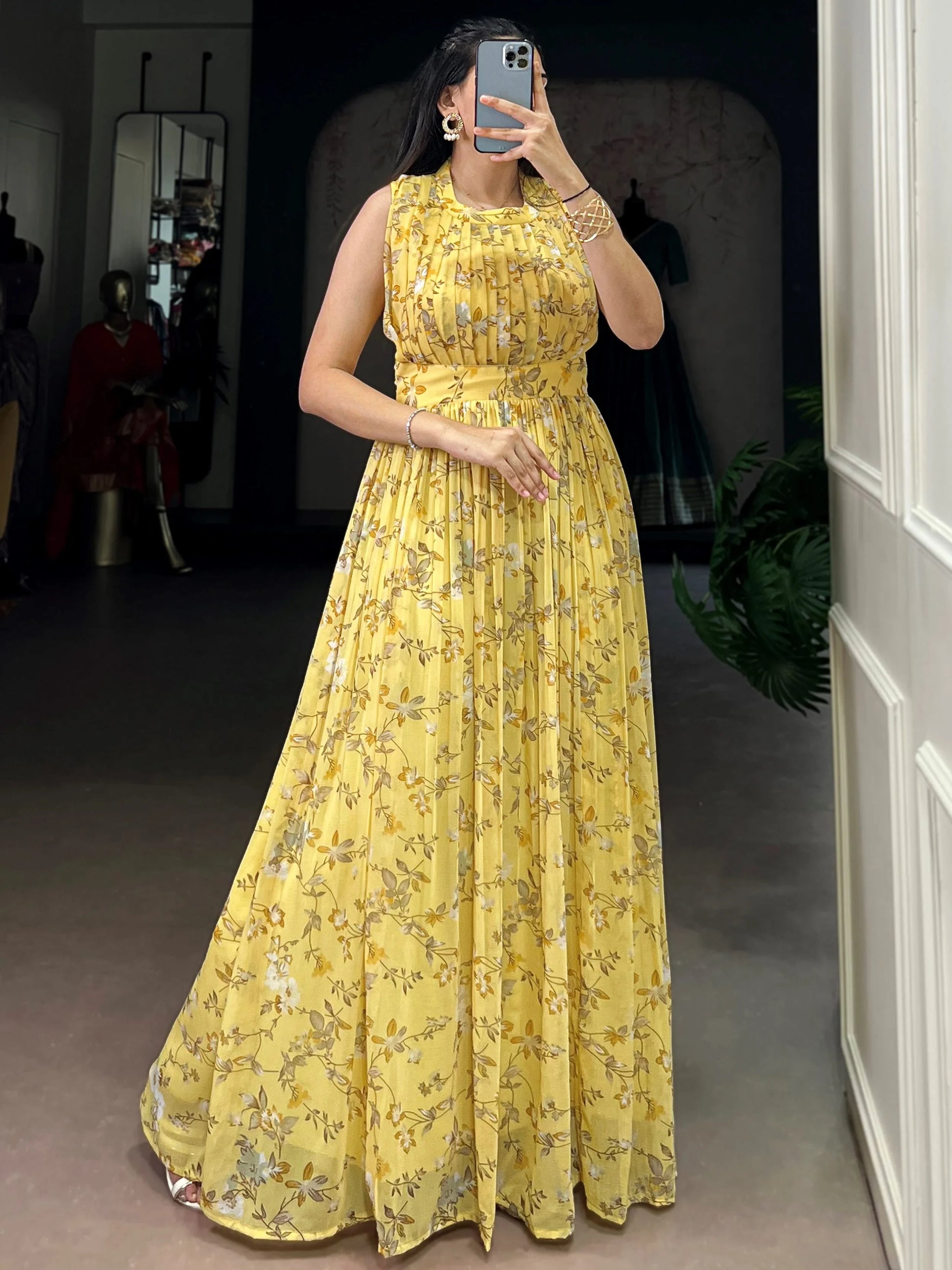 Stylish Yellow Floral Printed Georgette Casual Wear Dress