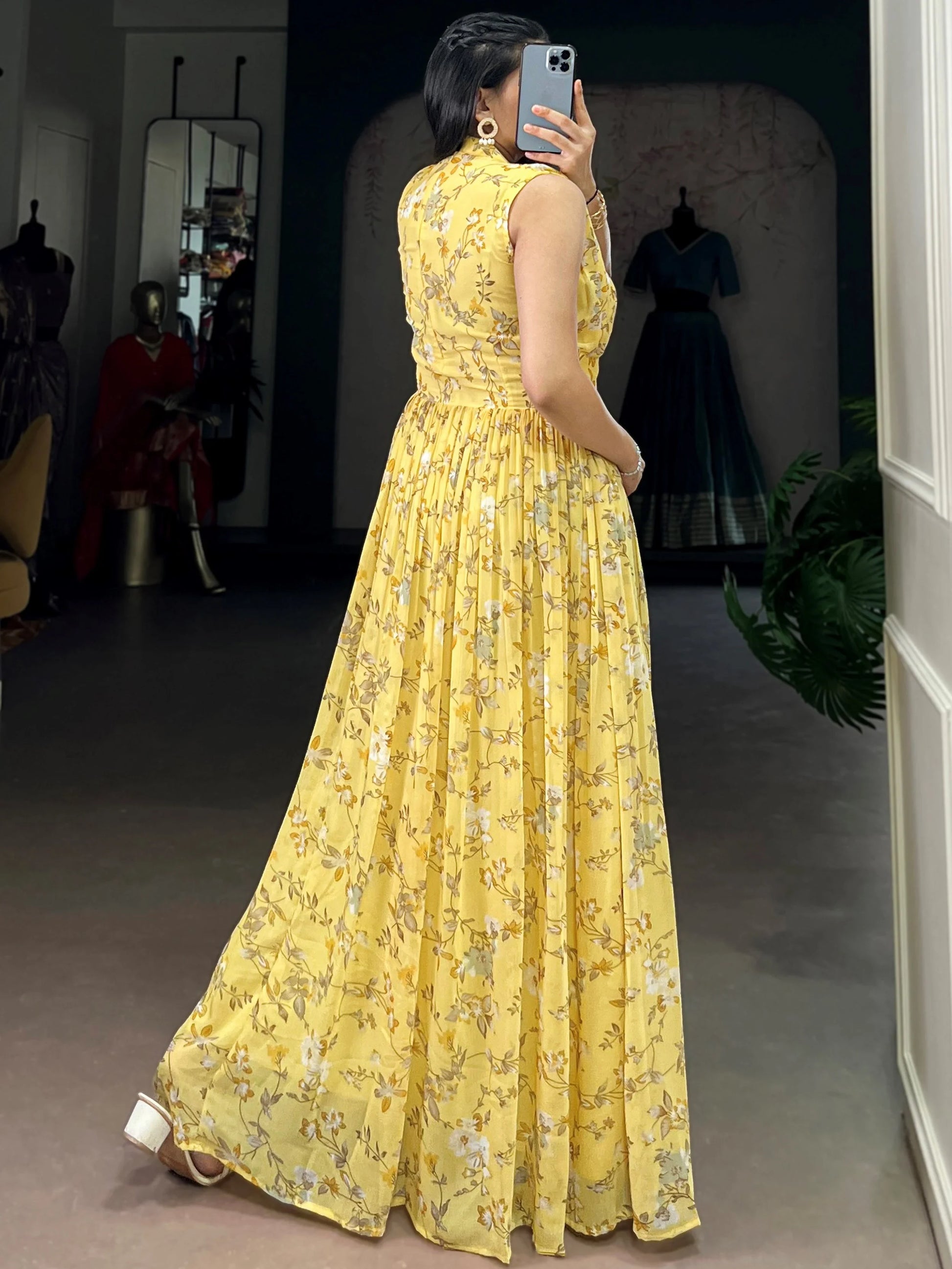 Stylish Yellow Floral Printed Georgette Casual Wear Dress