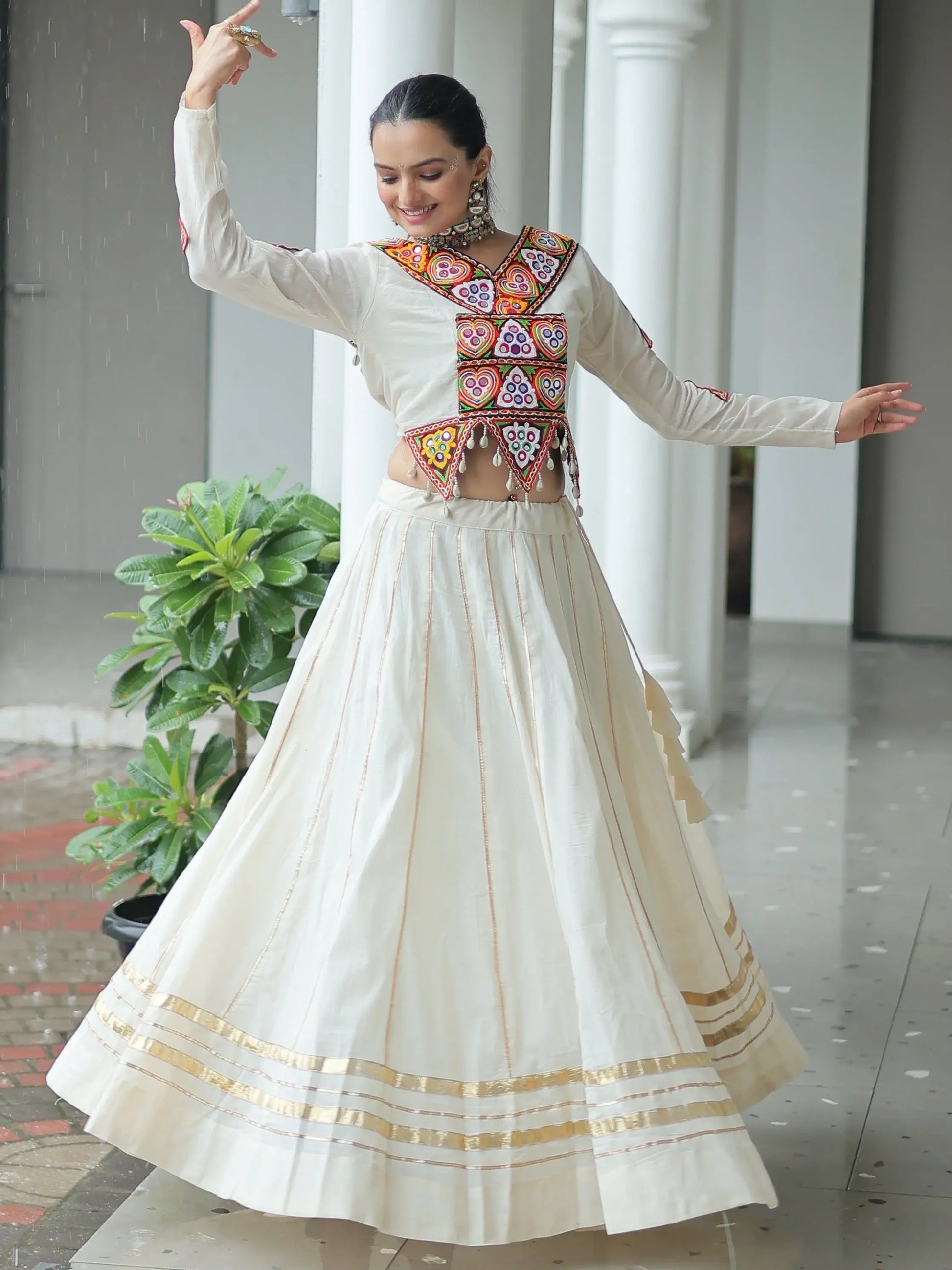 Stylistic Off-White Cotton Navratri Wear Lehenga With Gamthi Work Blouse - Zeel Clothing