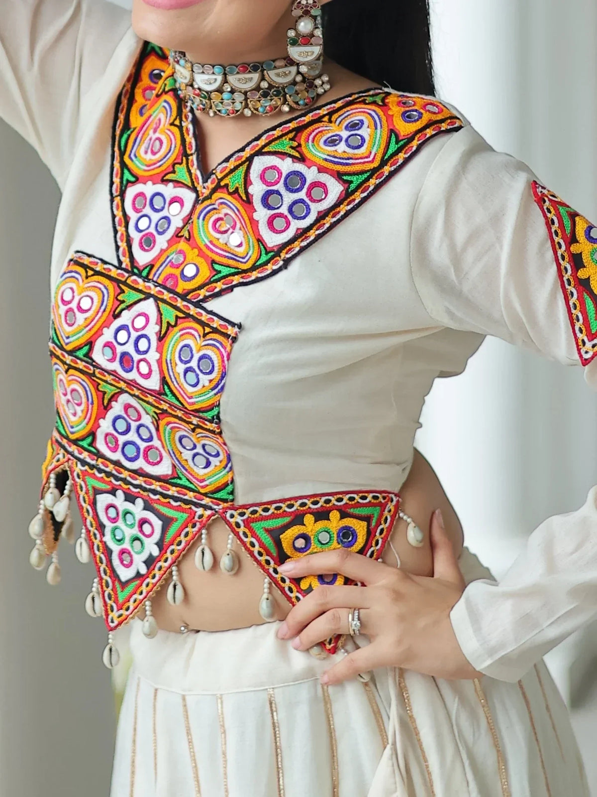 Stylistic Off-White Cotton Navratri Wear Lehenga With Gamthi Work Blouse - Zeel Clothing