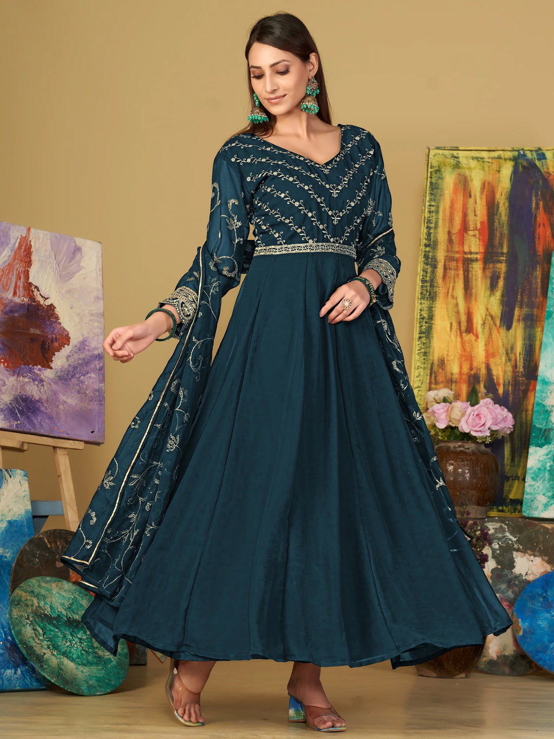 Sublime Teal Blue Sequins Georgette Sangeet Wear Anarkali Suit - Zeel Clothing