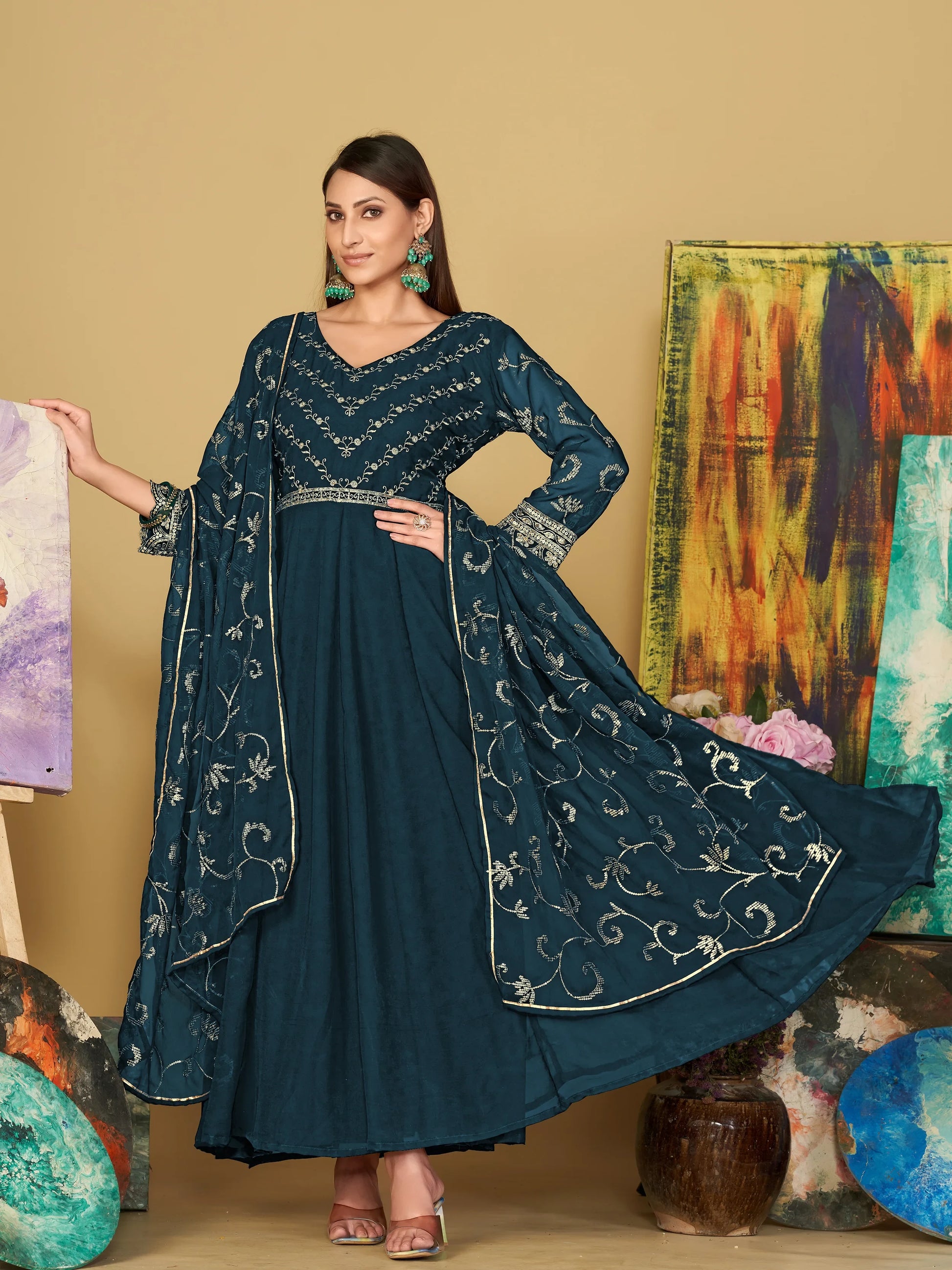 Sublime Teal Blue Sequins Georgette Sangeet Wear Anarkali Suit - Zeel Clothing
