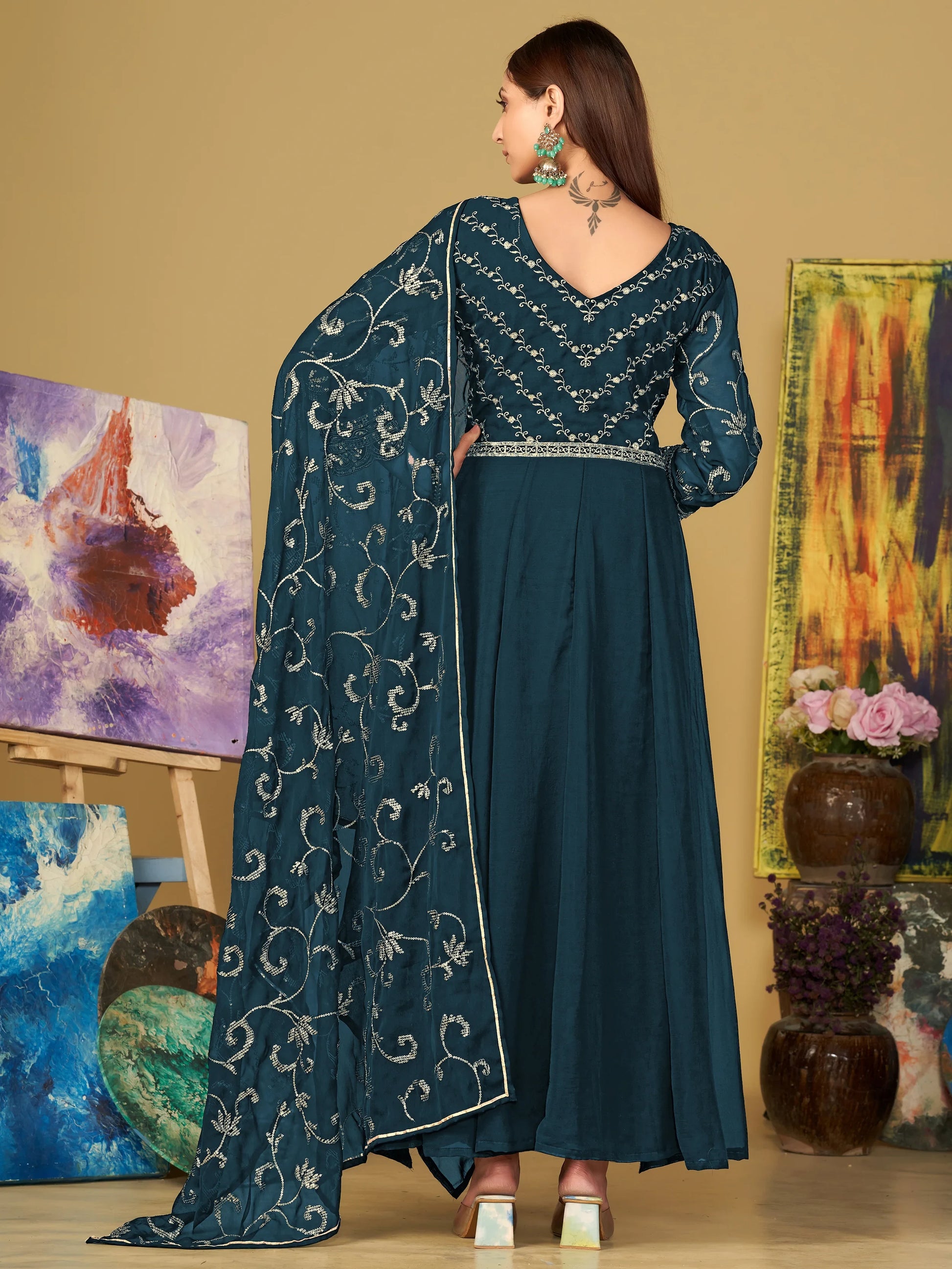 Sublime Teal Blue Sequins Georgette Sangeet Wear Anarkali Suit - Zeel Clothing