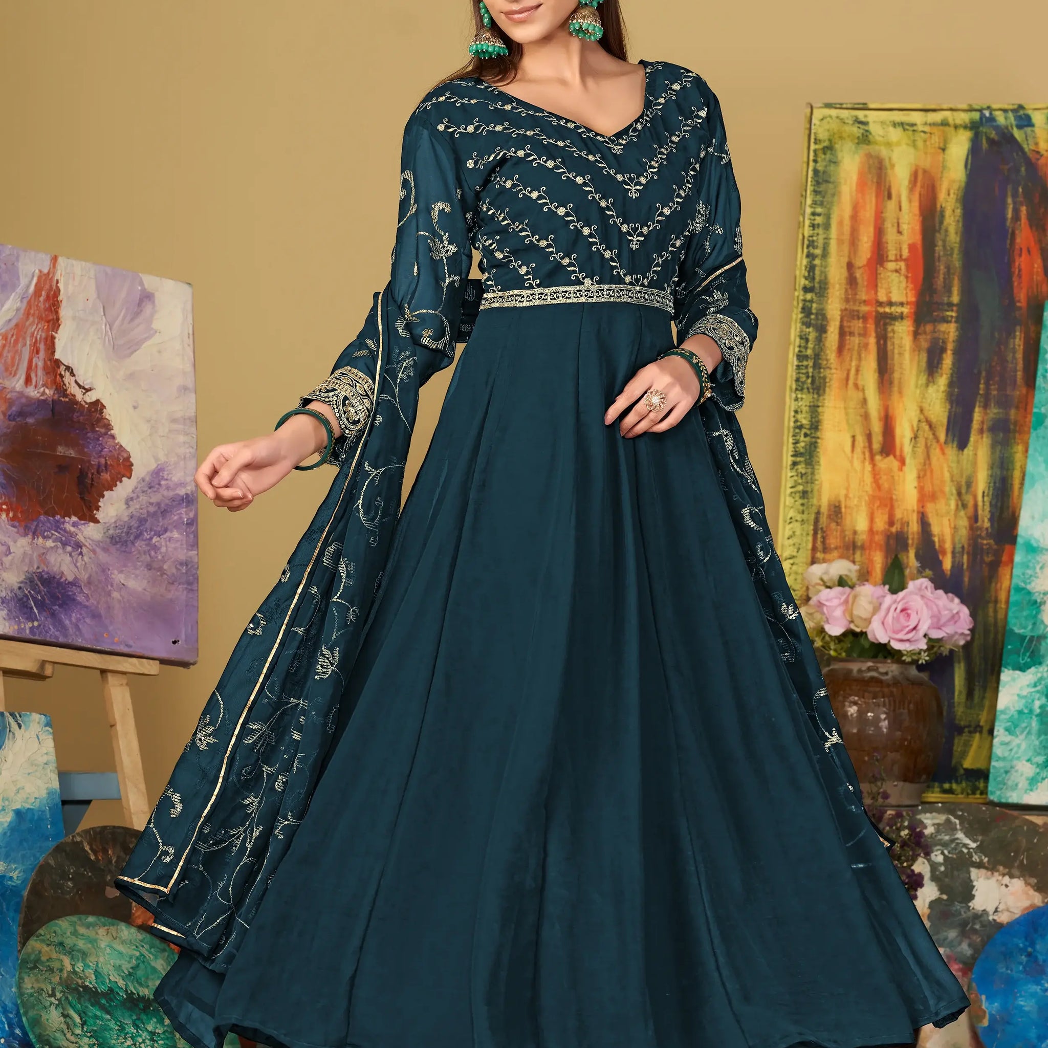 Sublime Teal Blue Sequins Georgette Sangeet Wear Anarkali Suit - Zeel Clothing