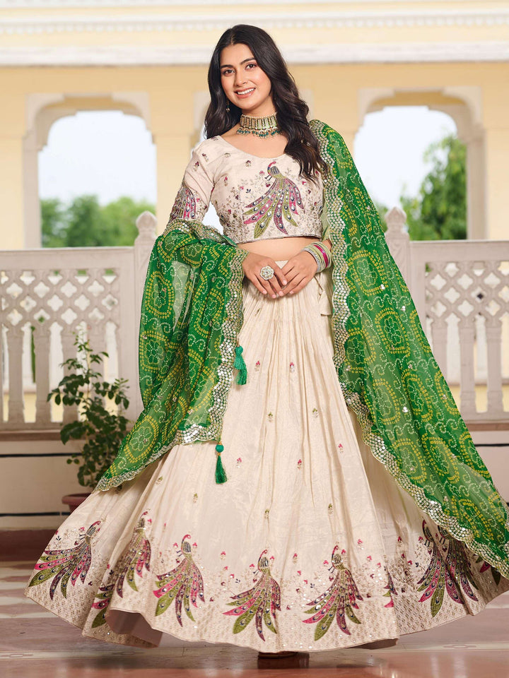 Sumptuous Off-White Sequins Tissue Silk Event Wear Lehenga Choli With Green Dupatta - Zeel Clothing