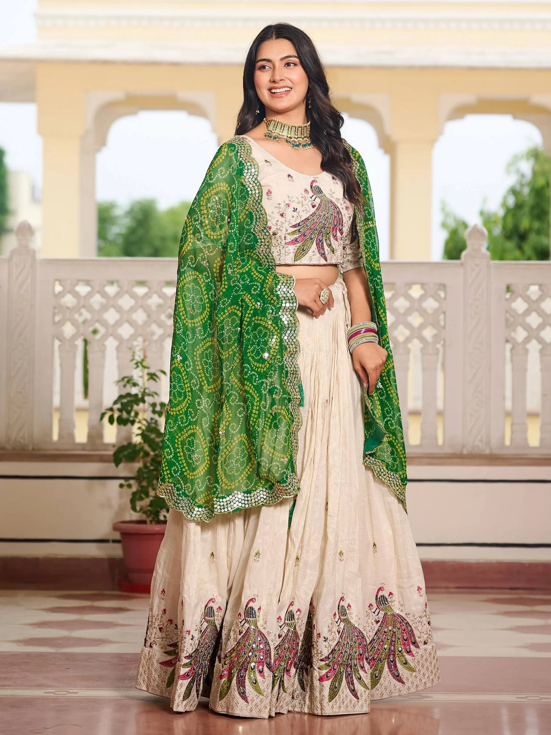 Sumptuous Off-White Sequins Tissue Silk Event Wear Lehenga Choli With Green Dupatta - Zeel Clothing