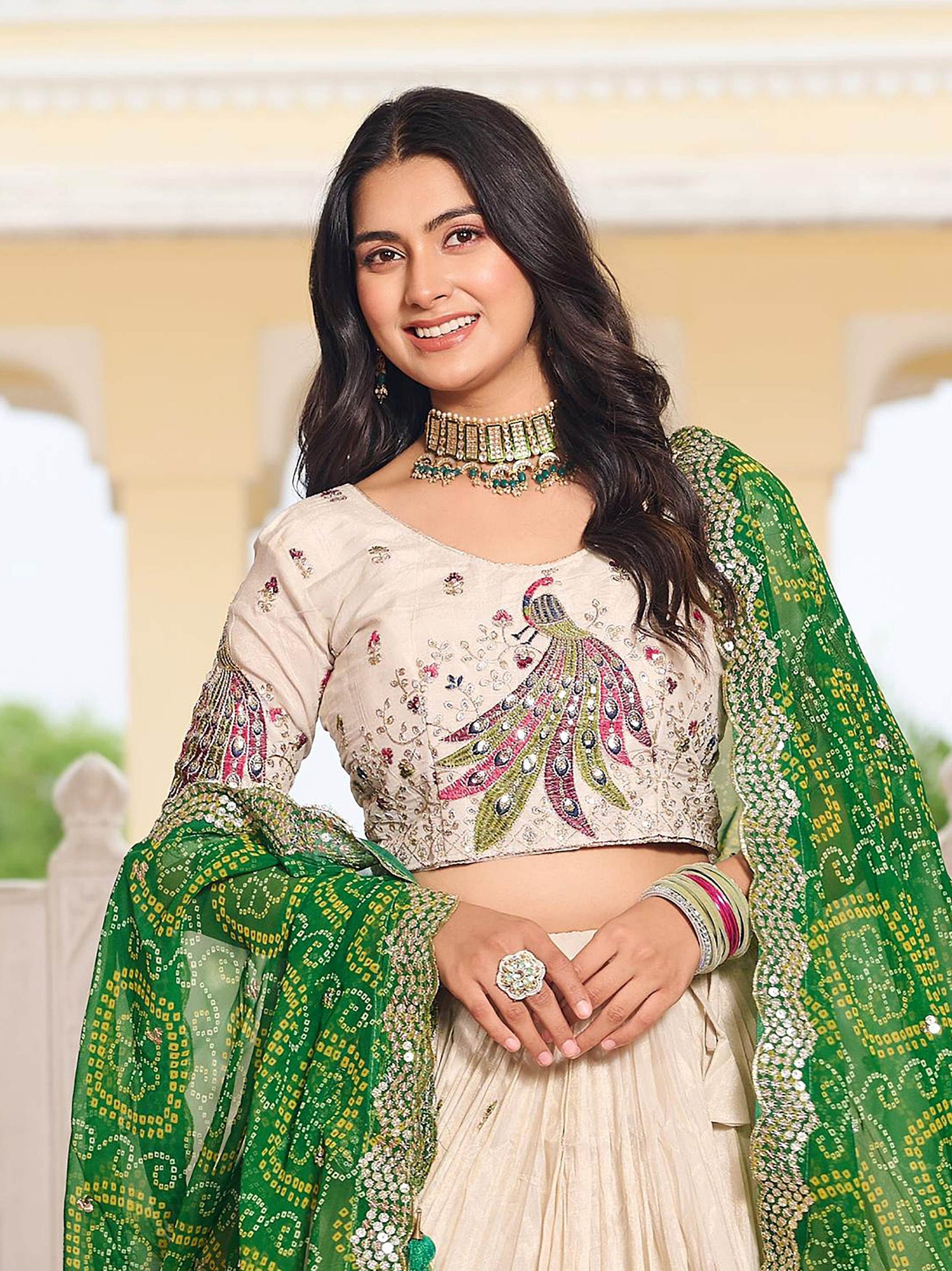 Sumptuous Off-White Sequins Tissue Silk Event Wear Lehenga Choli With Green Dupatta - Zeel Clothing