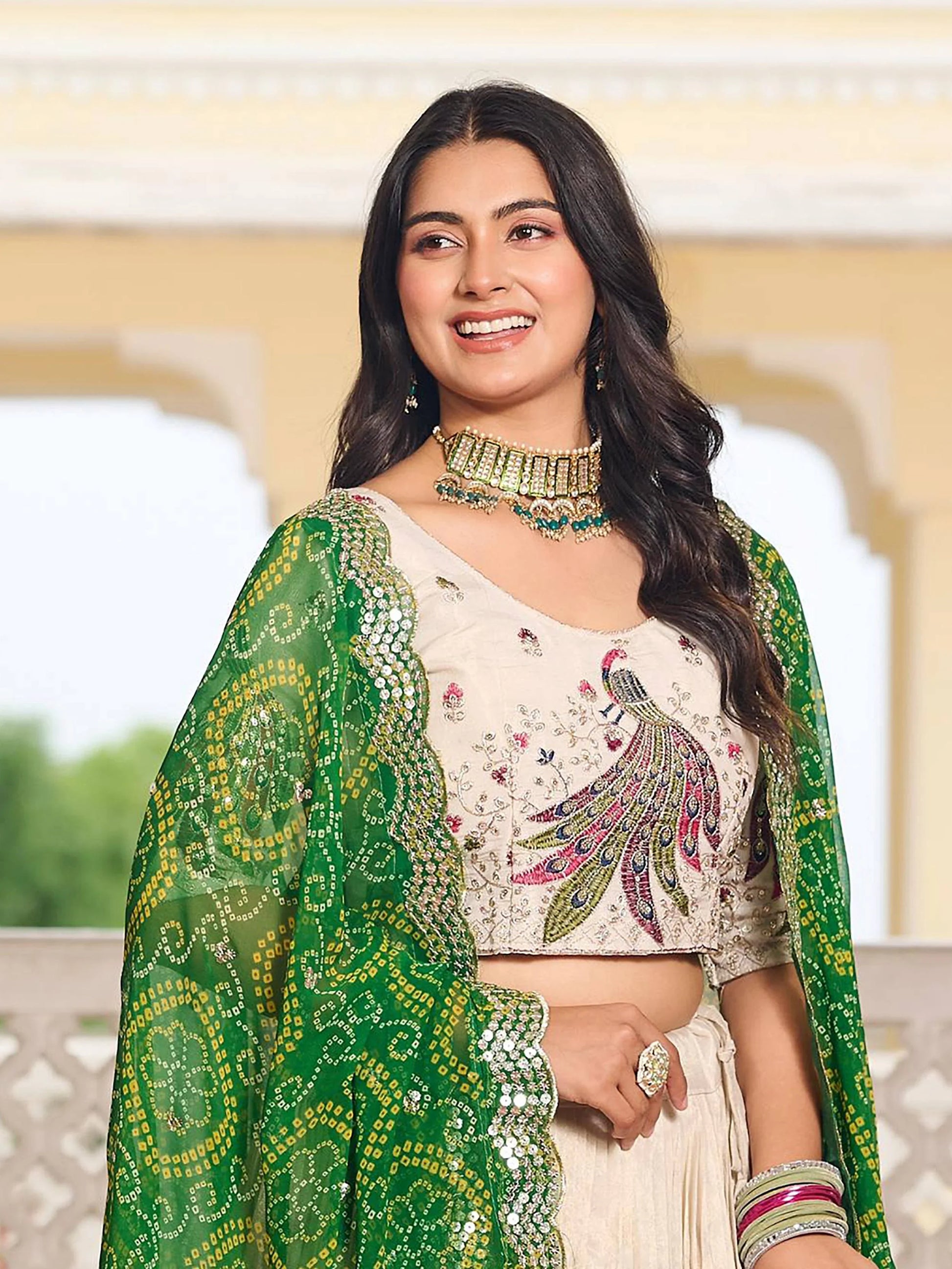 Sumptuous Off-White Sequins Tissue Silk Event Wear Lehenga Choli With Green Dupatta - Zeel Clothing