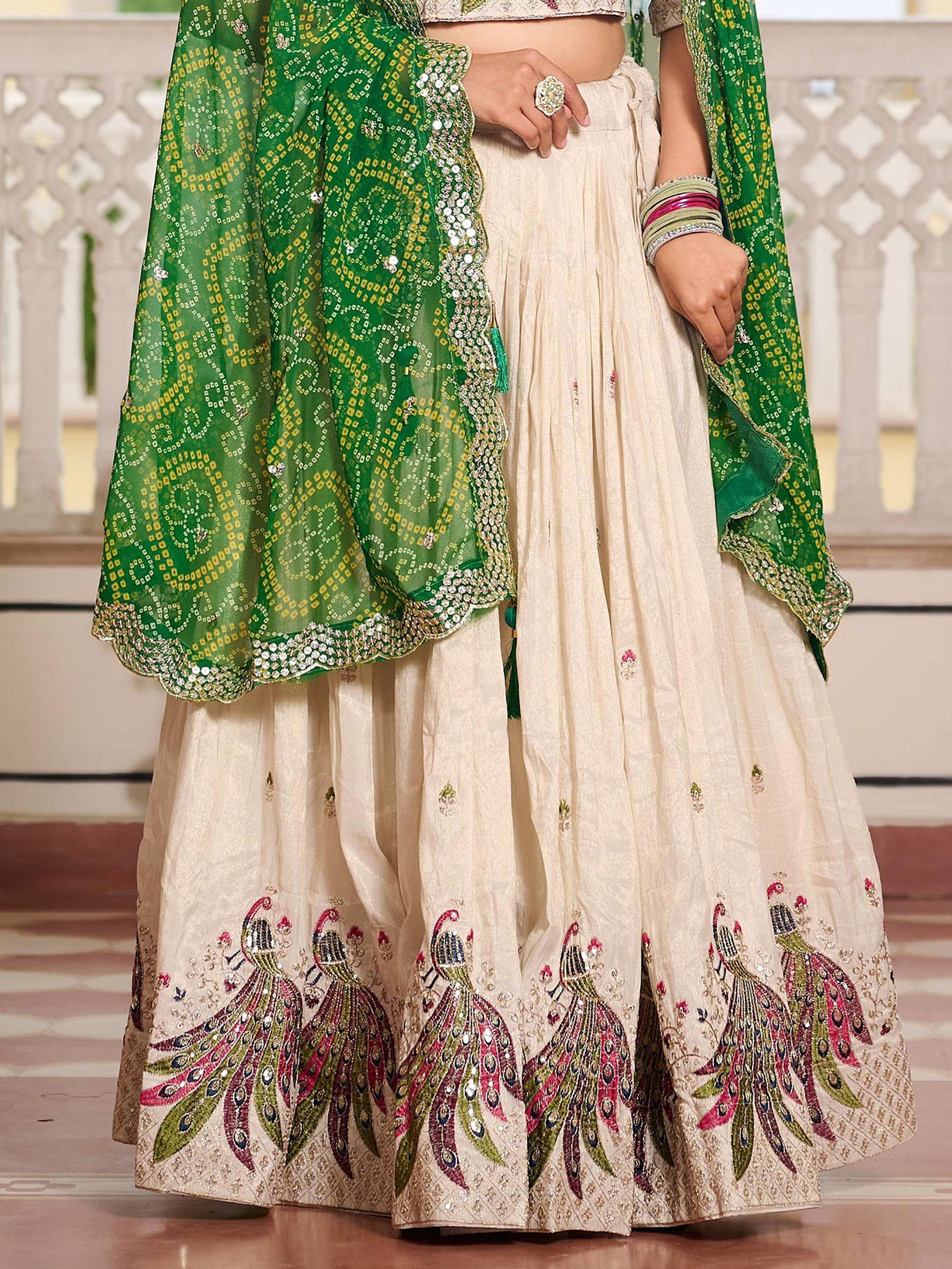 Sumptuous Off-White Sequins Tissue Silk Event Wear Lehenga Choli With Green Dupatta - Zeel Clothing