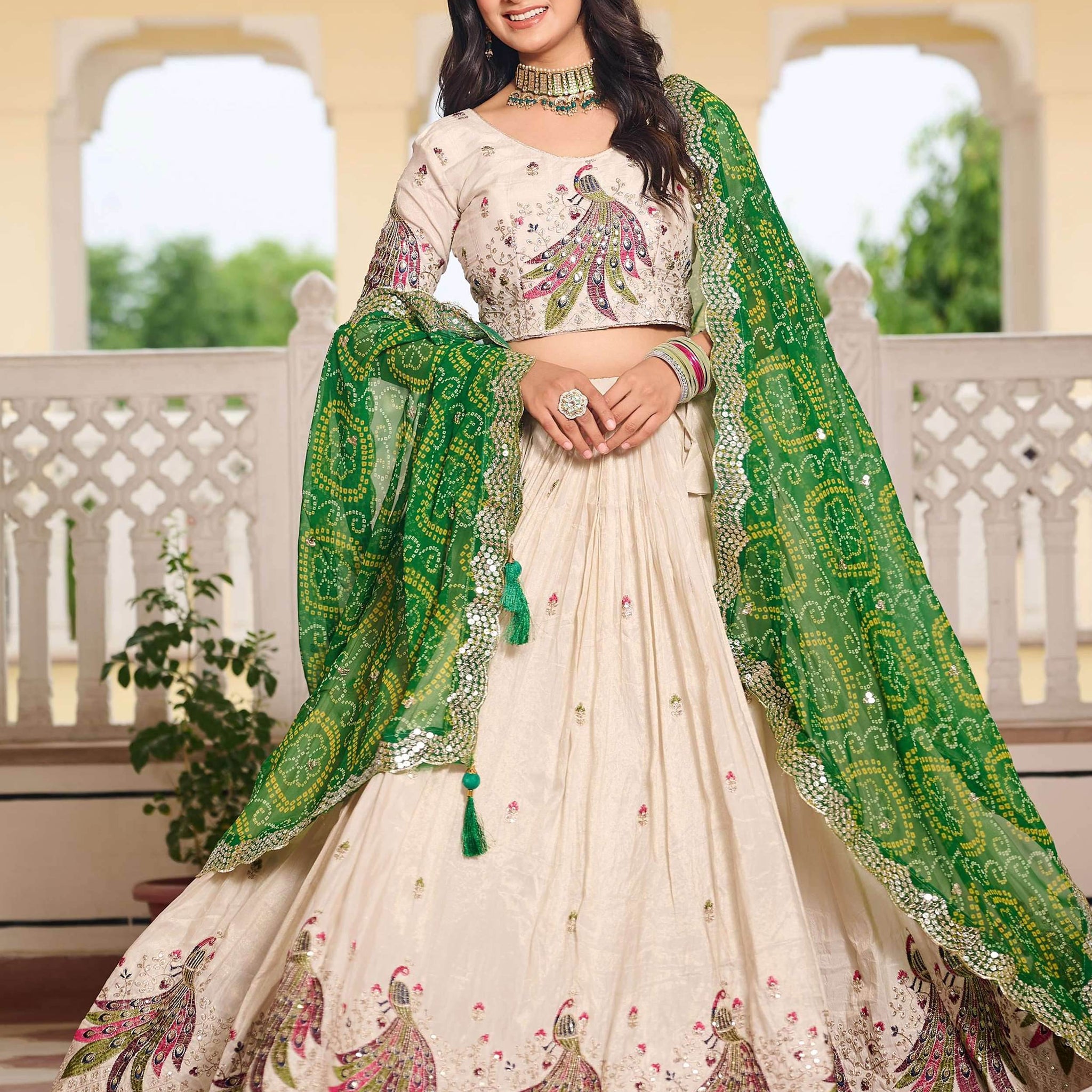 Sumptuous Off-White Sequins Tissue Silk Event Wear Lehenga Choli With Green Dupatta - Zeel Clothing