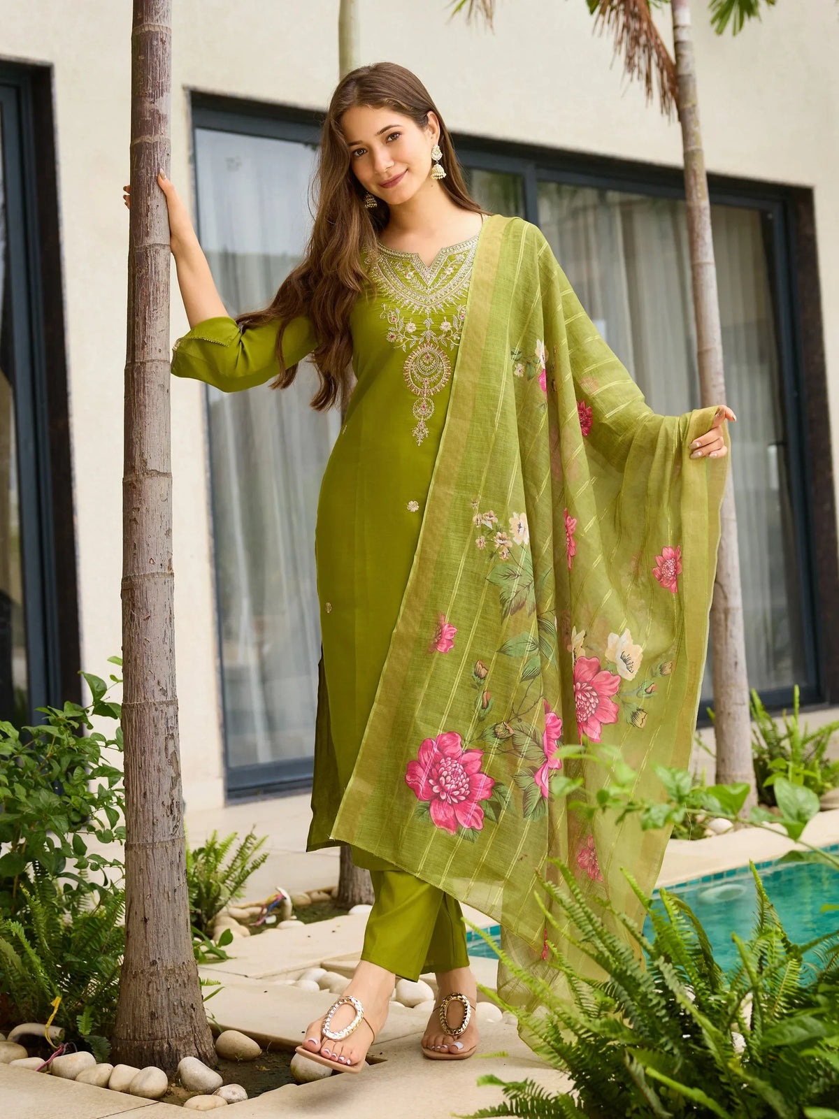 Sumptuous Olive Green Dori Embroidered Viscose Mehendi Wear Pant Suit - Zeel Clothing