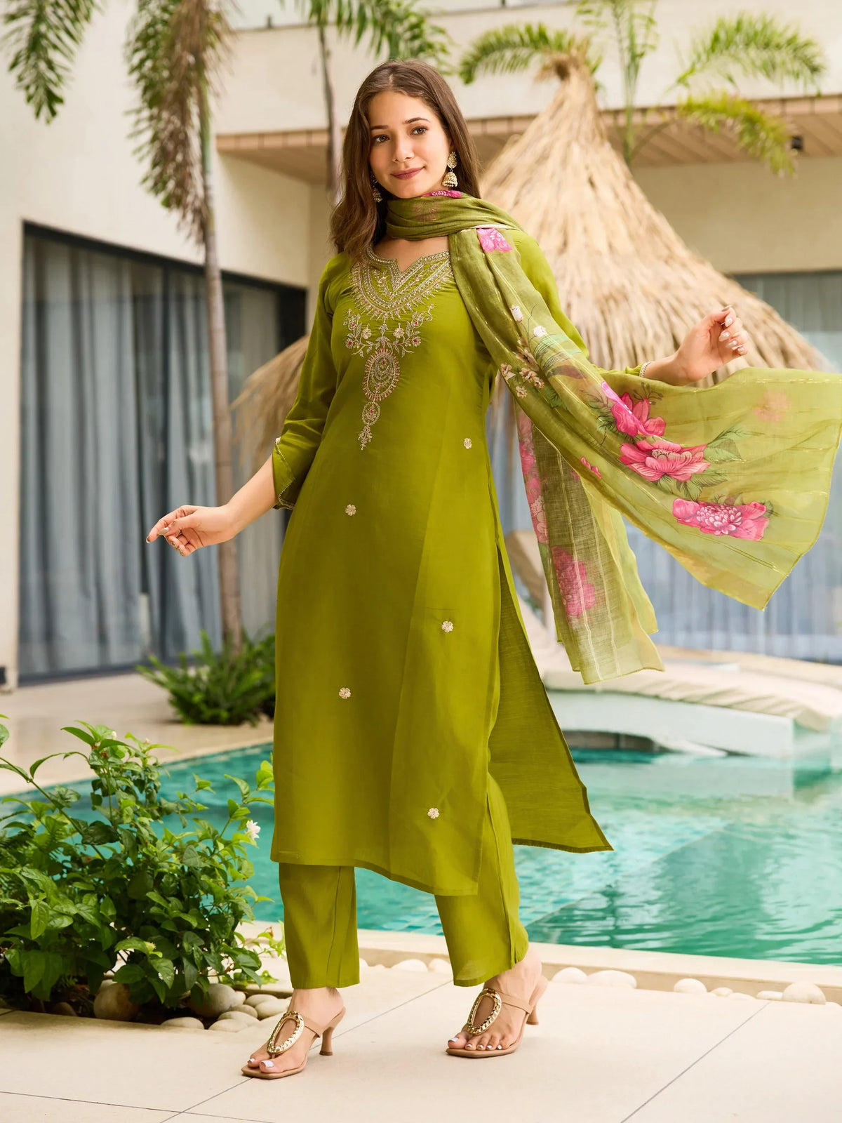 Sumptuous Olive Green Dori Embroidered Viscose Mehendi Wear Pant Suit - Zeel Clothing