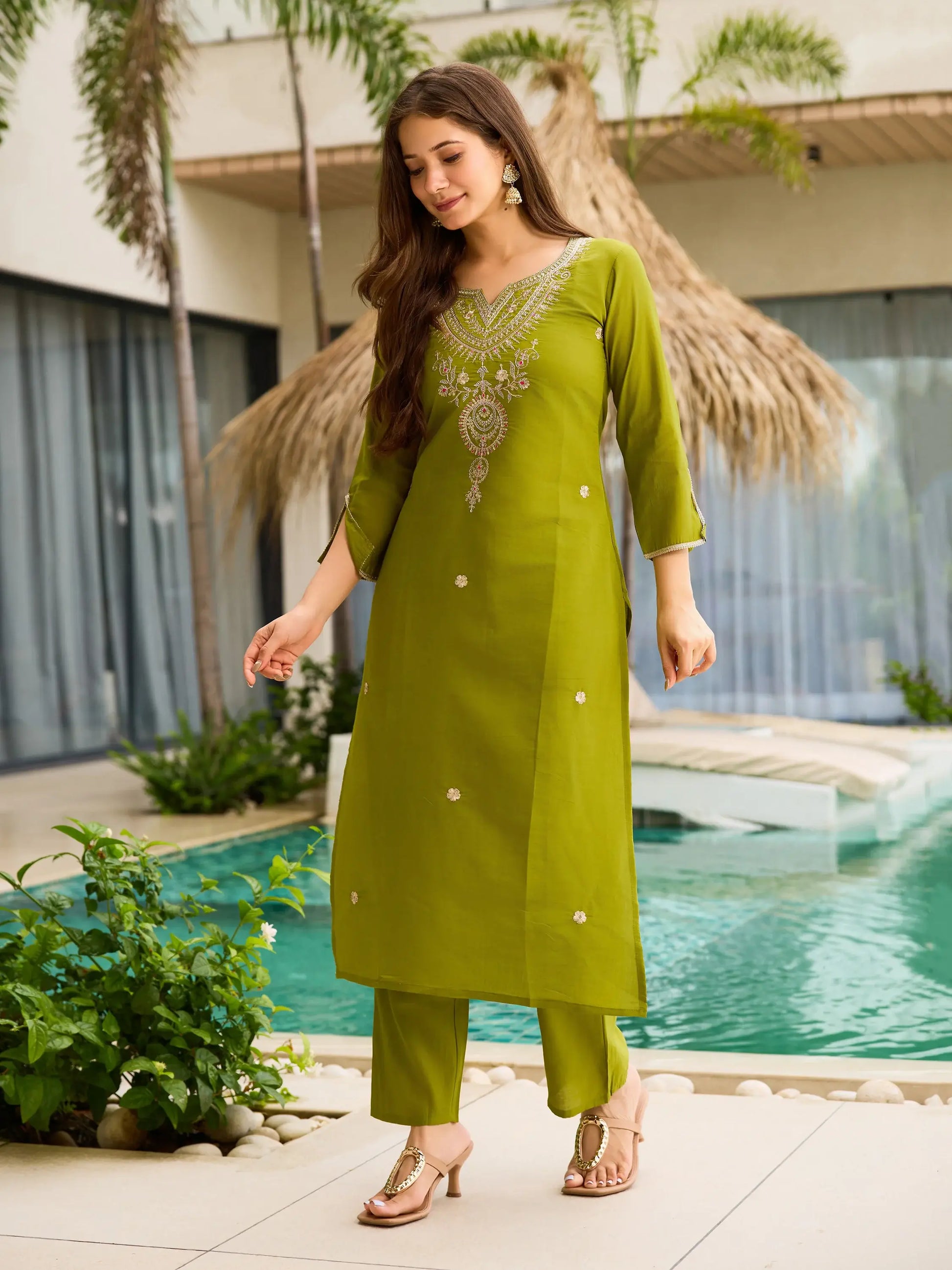 Sumptuous Olive Green Dori Embroidered Viscose Mehendi Wear Pant Suit - Zeel Clothing