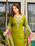 Sumptuous Olive Green Dori Embroidered Viscose Mehendi Wear Pant Suit - Zeel Clothing