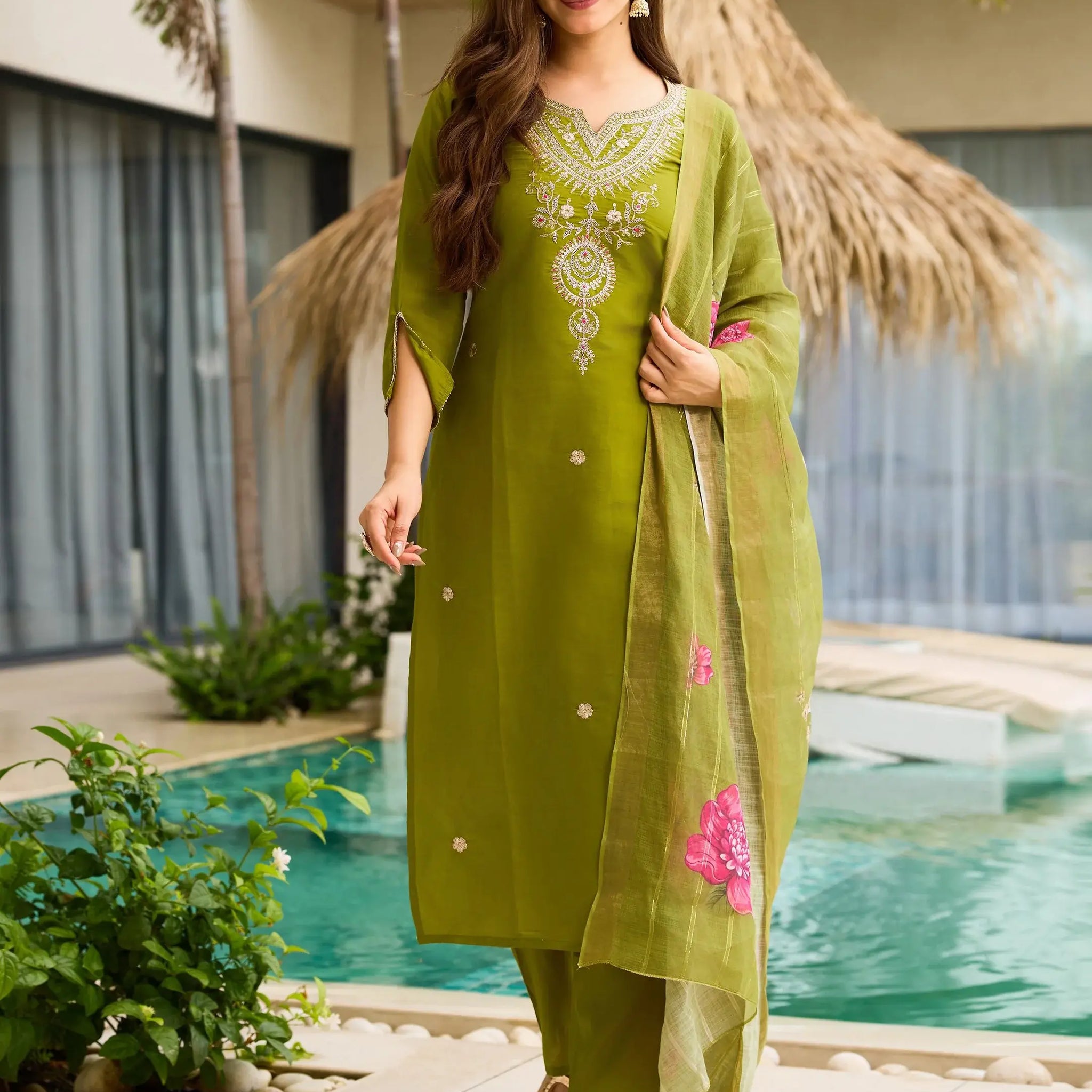 Sumptuous Olive Green Dori Embroidered Viscose Mehendi Wear Pant Suit - Zeel Clothing