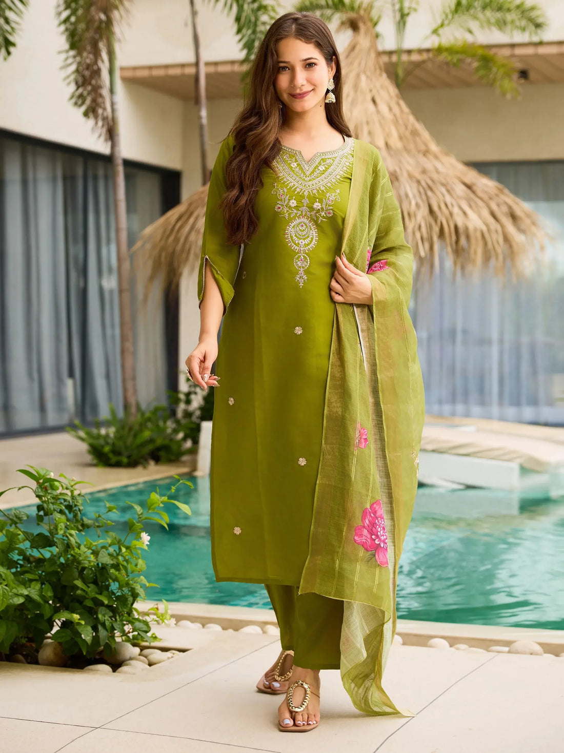 Sumptuous Olive Green Dori Embroidered Viscose Mehendi Wear Pant Suit - Zeel Clothing
