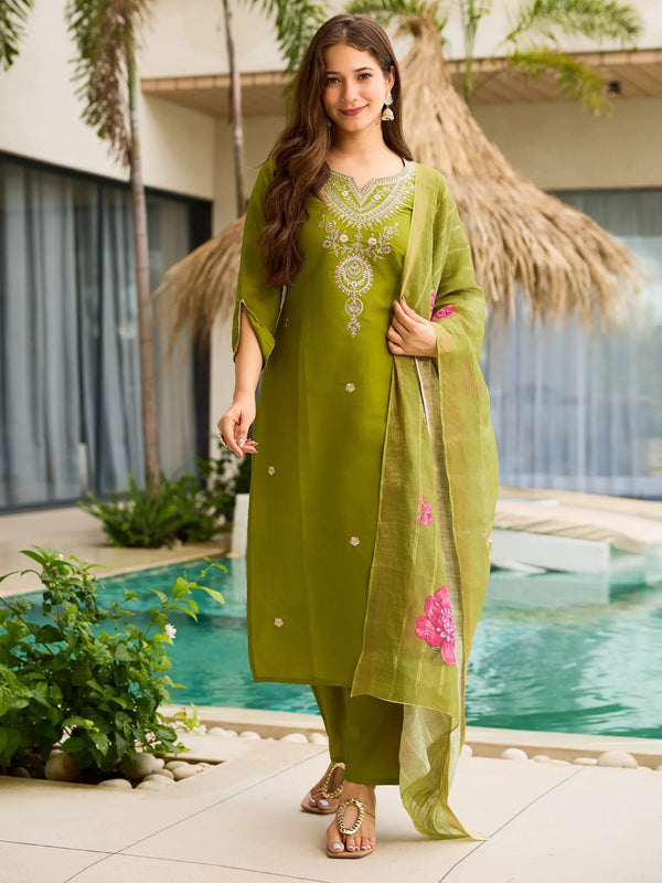Sumptuous Olive Green Dori Embroidered Viscose Mehendi Wear Pant Suit - Zeel Clothing
