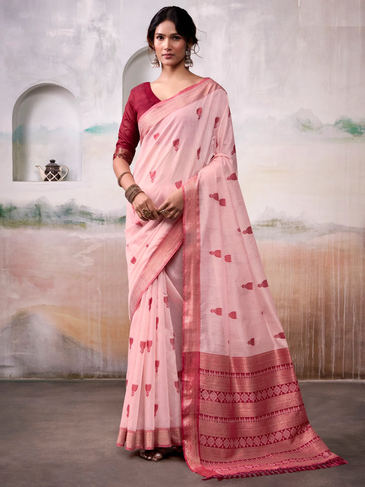 Sumptuous Peach Zari Weaving Cotton Event Wear Saree With Blouse - Zeel Clothing