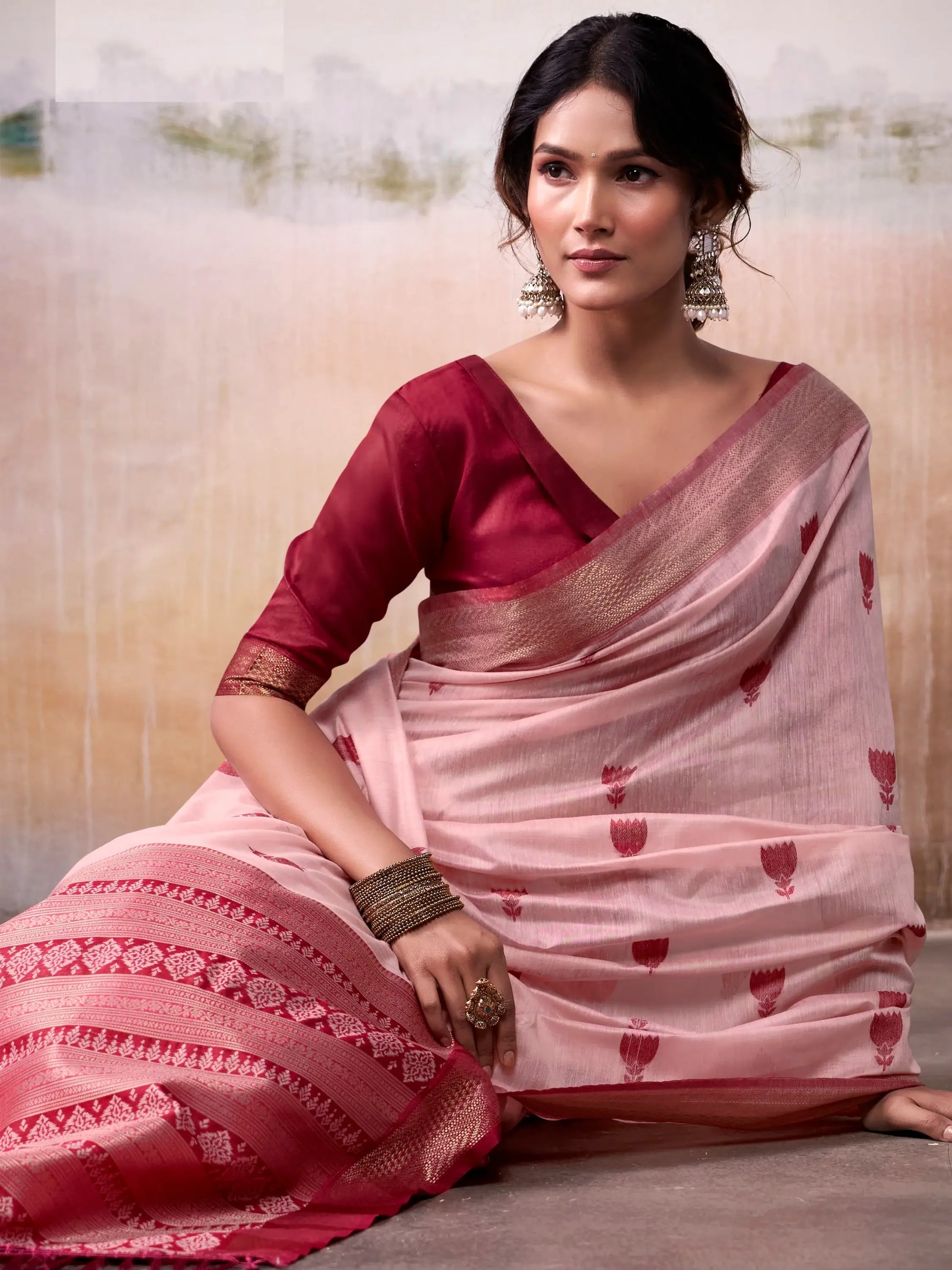 Sumptuous Peach Zari Weaving Cotton Event Wear Saree With Blouse - Zeel Clothing