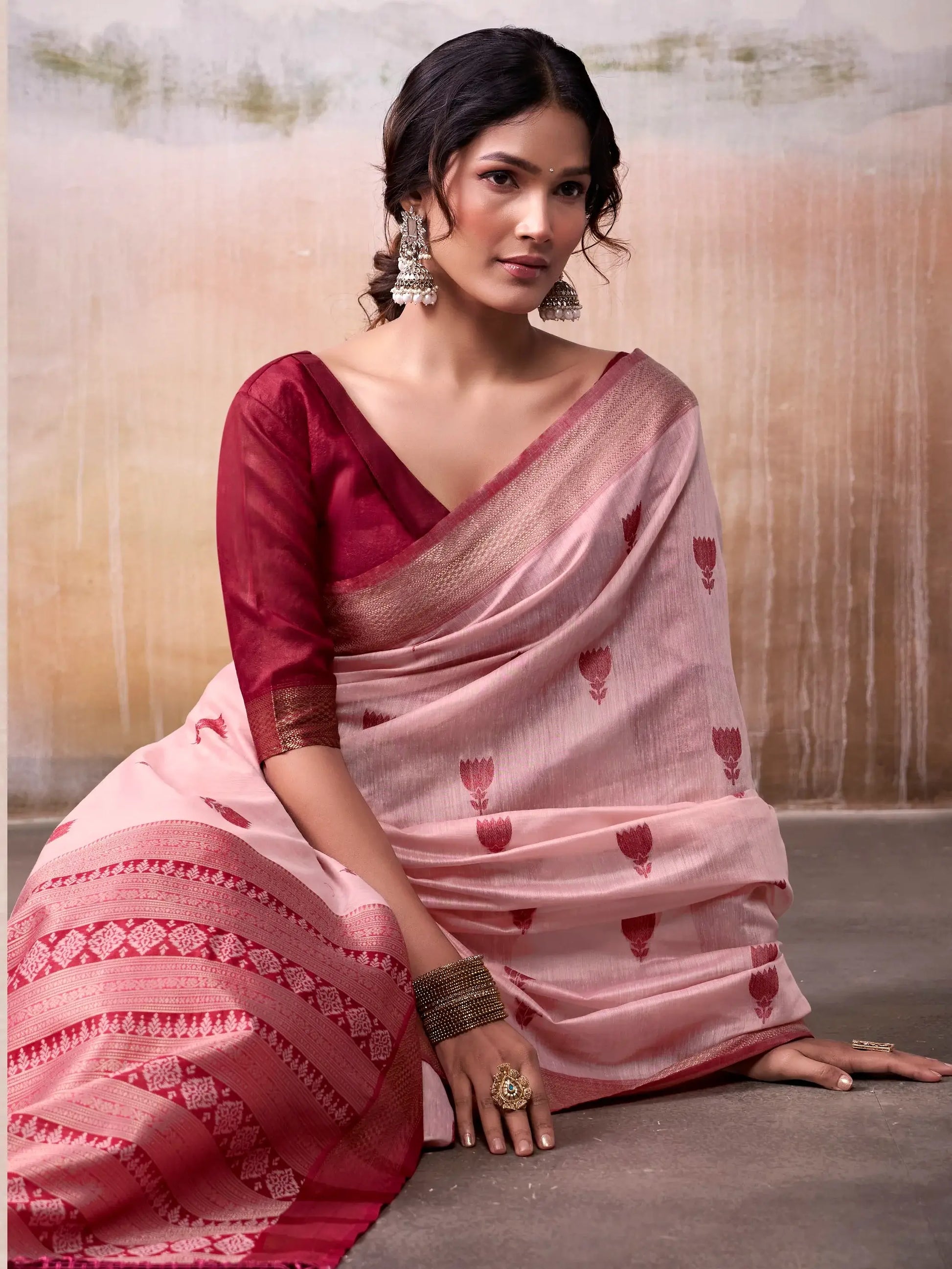 Sumptuous Peach Zari Weaving Cotton Event Wear Saree With Blouse - Zeel Clothing