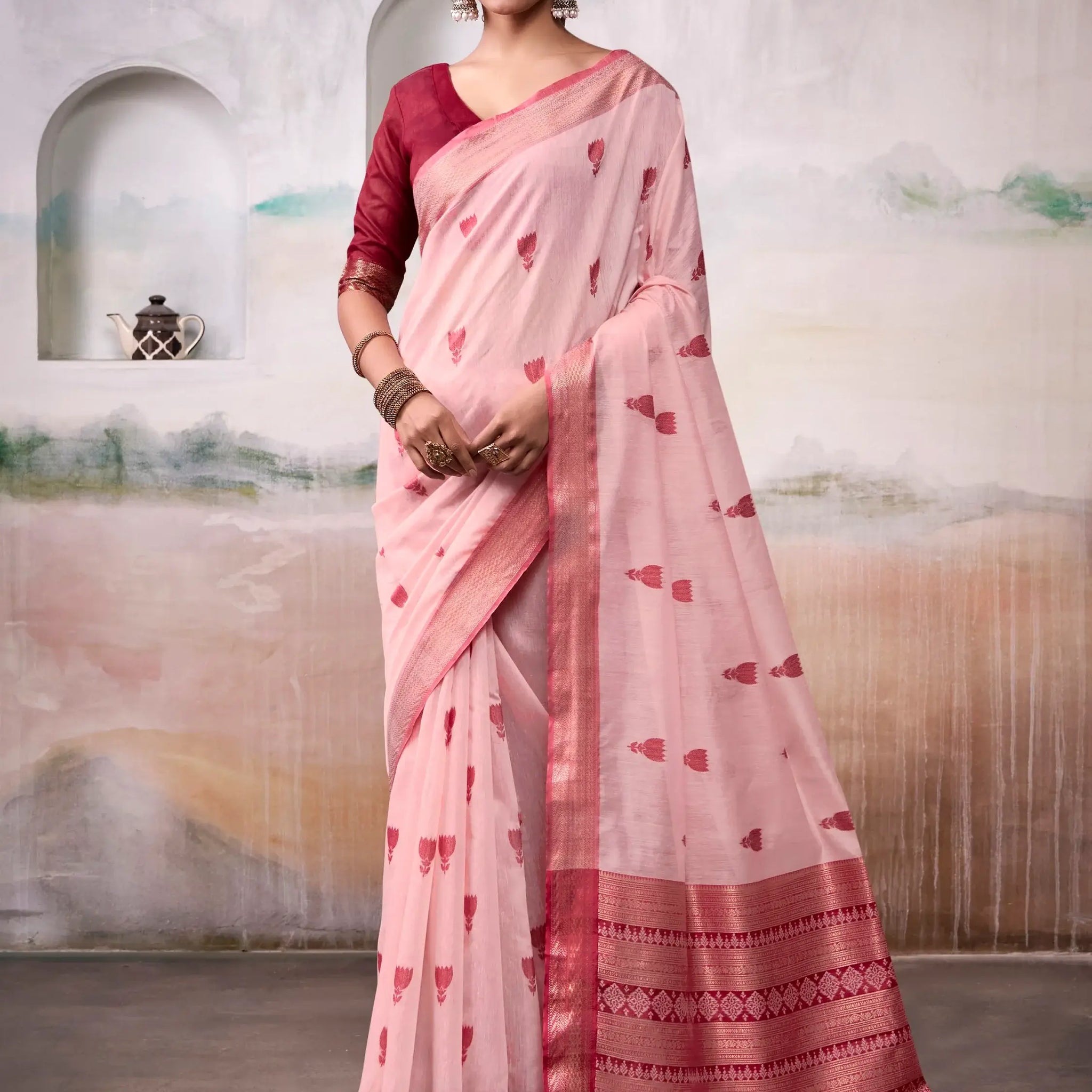 Sumptuous Peach Zari Weaving Cotton Event Wear Saree With Blouse - Zeel Clothing