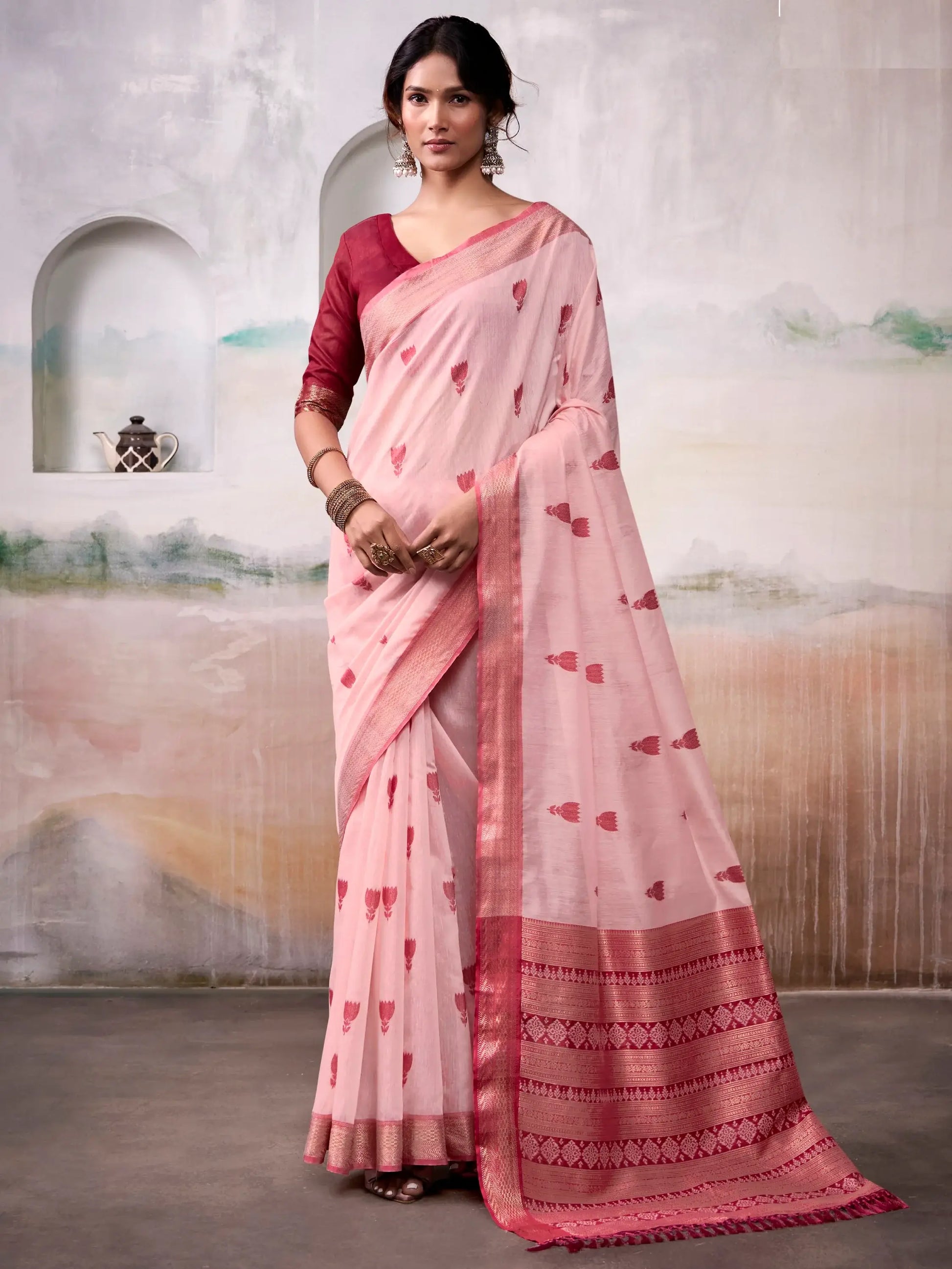 Sumptuous Peach Zari Weaving Cotton Event Wear Saree With Blouse - Zeel Clothing