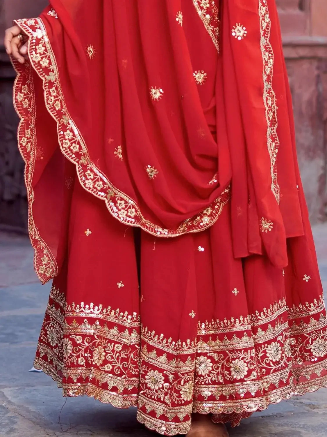 Sumptuous Red Thread Work Georgette Festive Wear Gown With Dupatta - Zeel Clothing