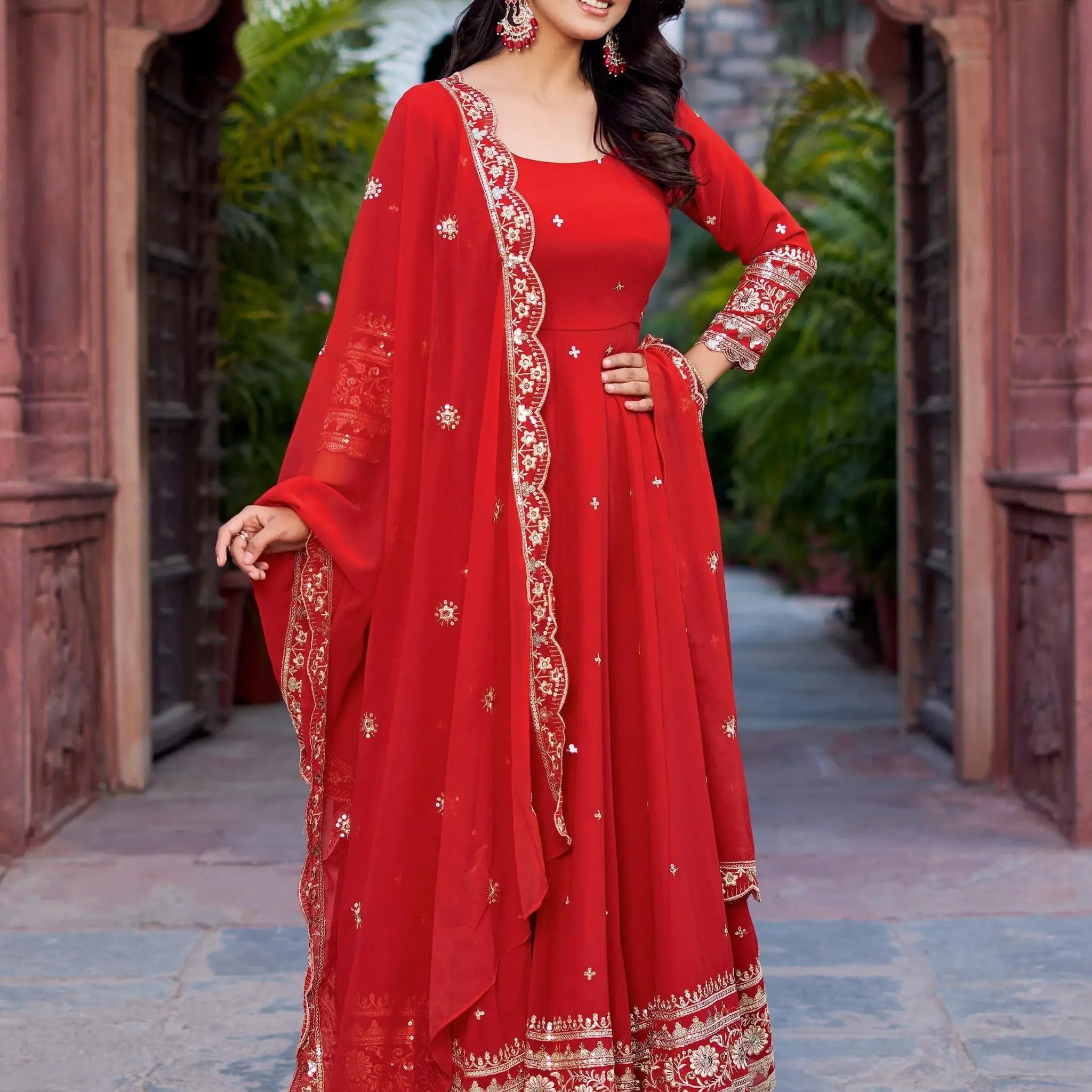 Sumptuous Red Thread Work Georgette Festive Wear Gown With Dupatta - Zeel Clothing