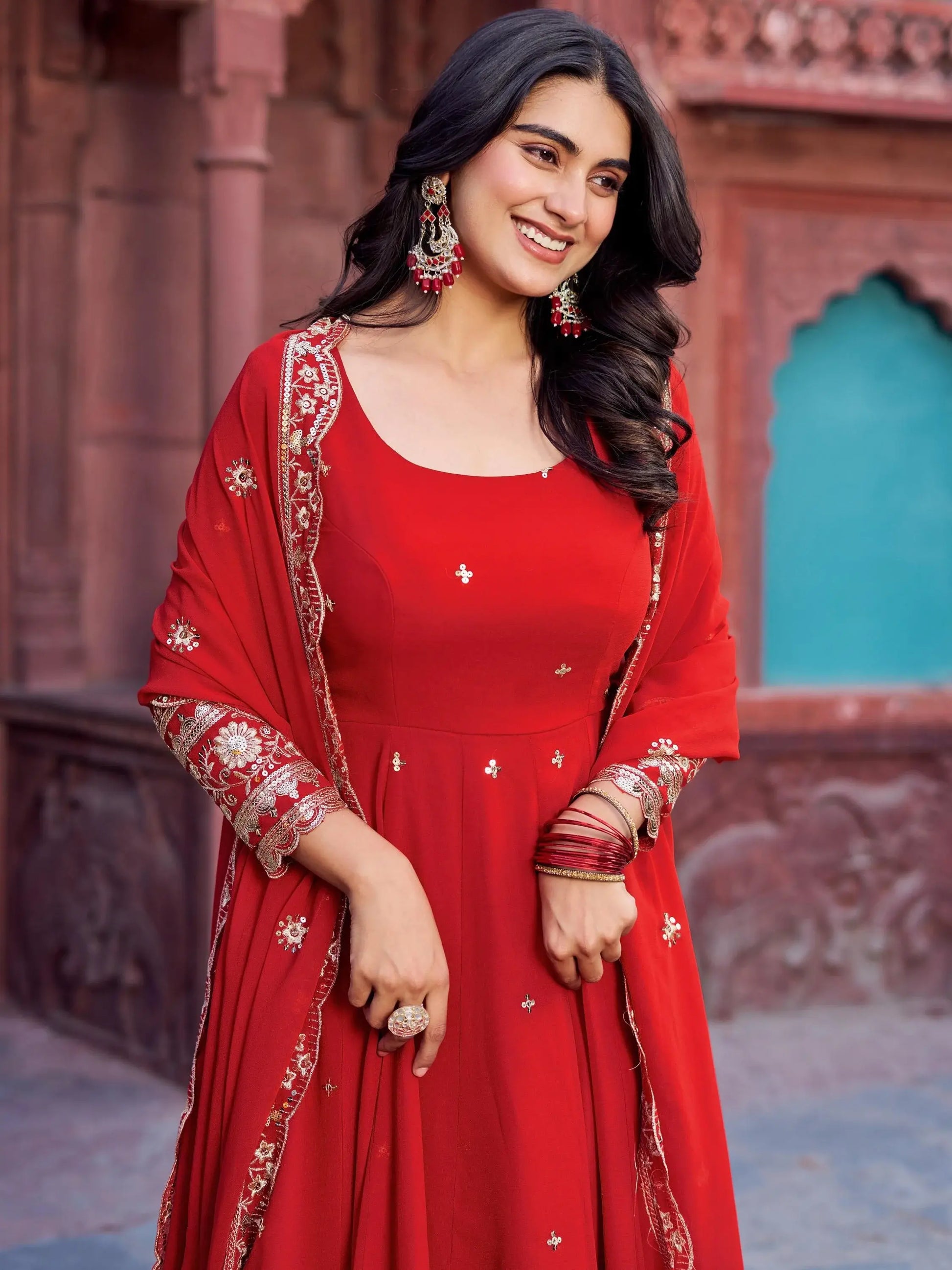 Sumptuous Red Thread Work Georgette Festive Wear Gown With Dupatta - Zeel Clothing