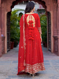 Sumptuous Red Thread Work Georgette Festive Wear Gown With Dupatta - Zeel Clothing