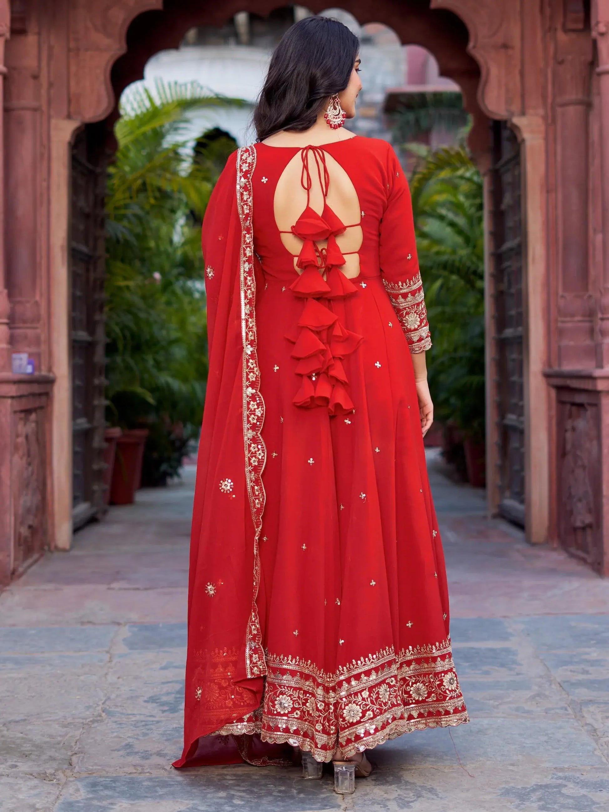 Sumptuous Red Thread Work Georgette Festive Wear Gown With Dupatta - Zeel Clothing