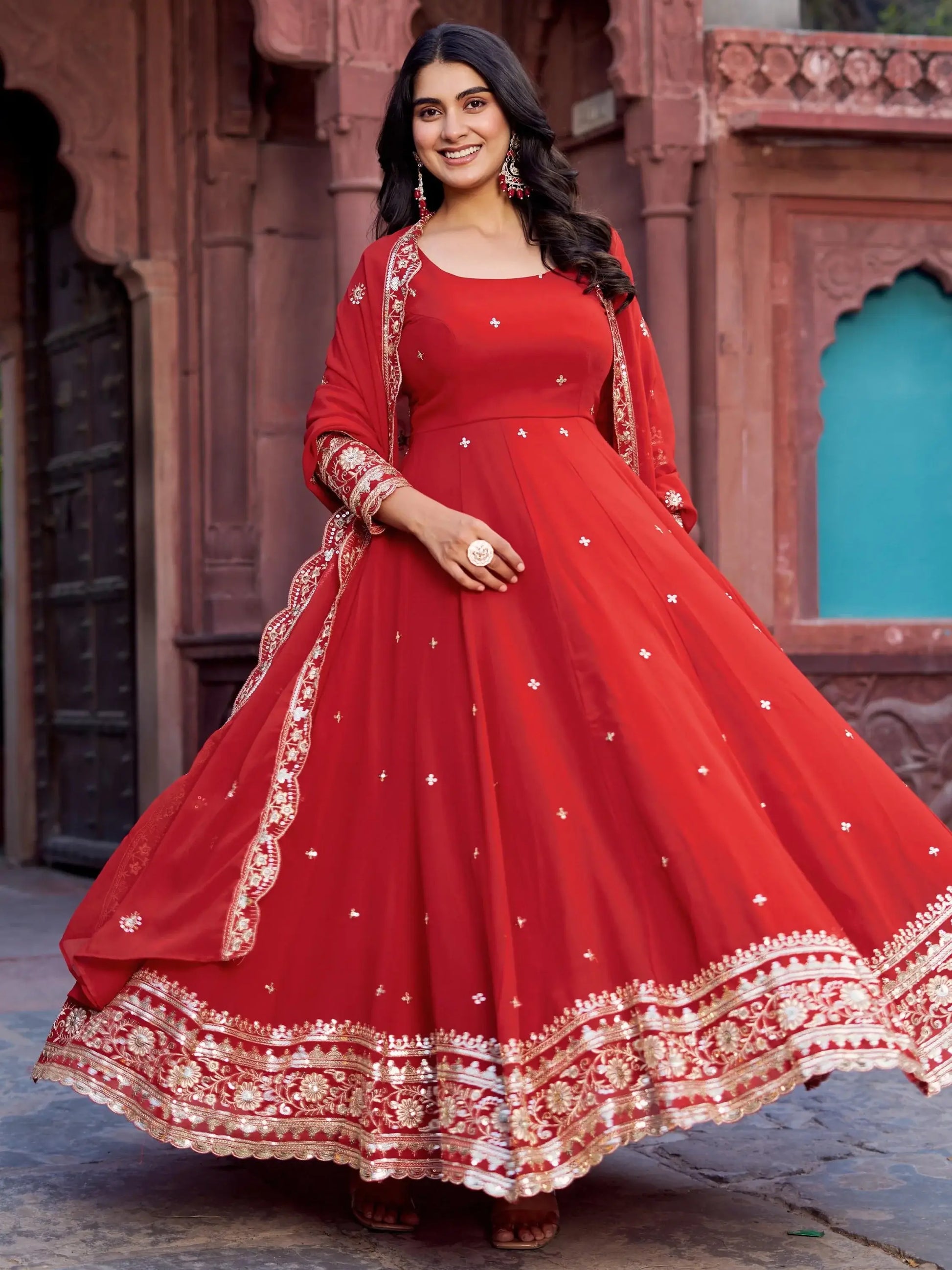 Sumptuous Red Thread Work Georgette Festive Wear Gown With Dupatta - Zeel Clothing