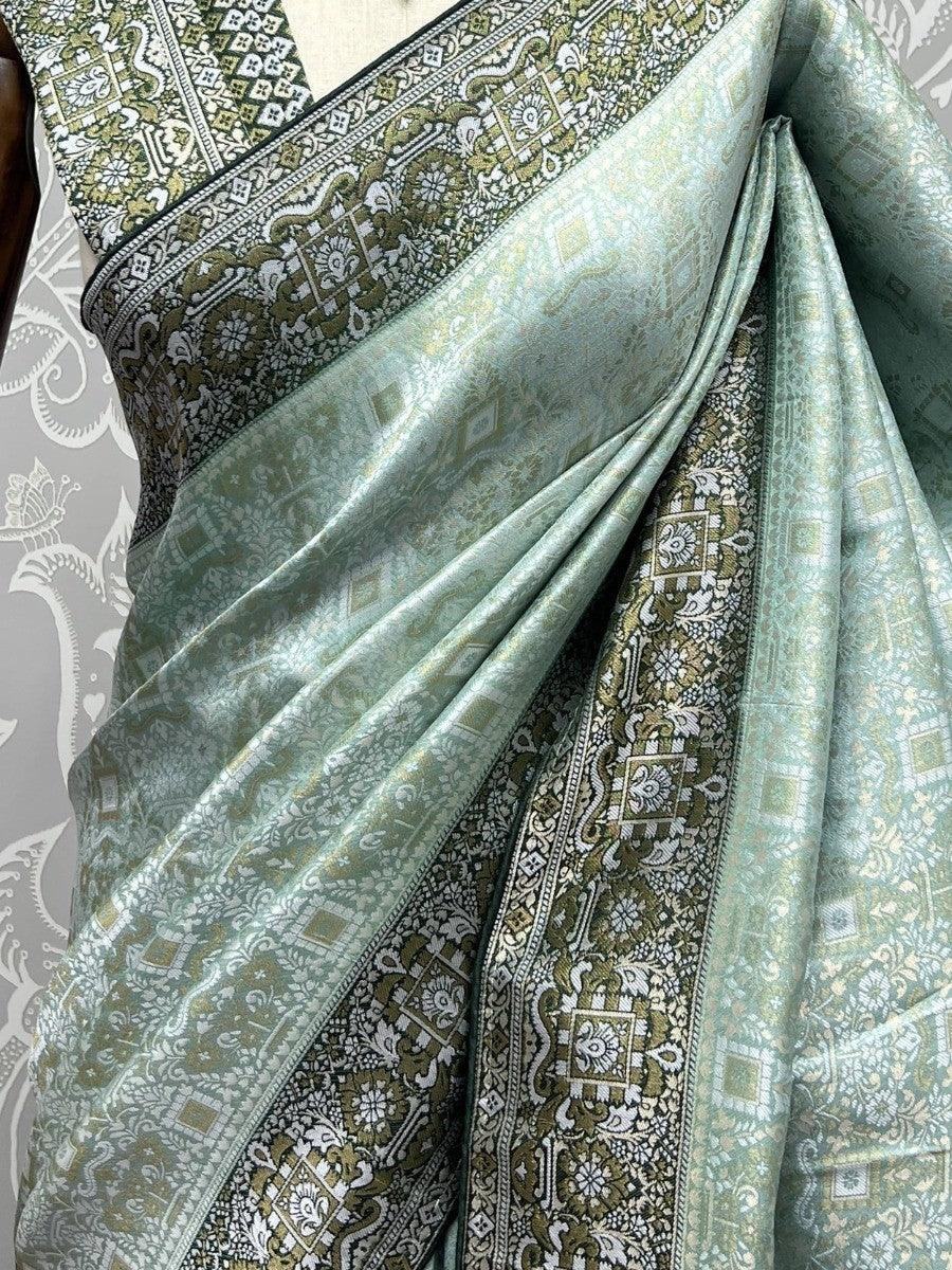Sumptuous Sky-Blue Zari Weaving Kanjivaram Silk Saree With Blouse